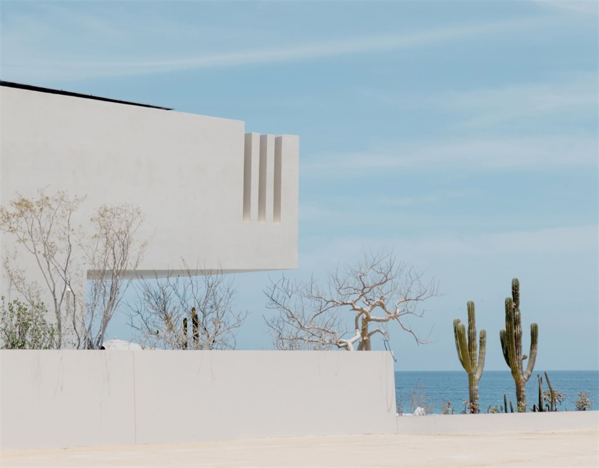 Modern architectural design featuring a minimalist, white, concrete structure