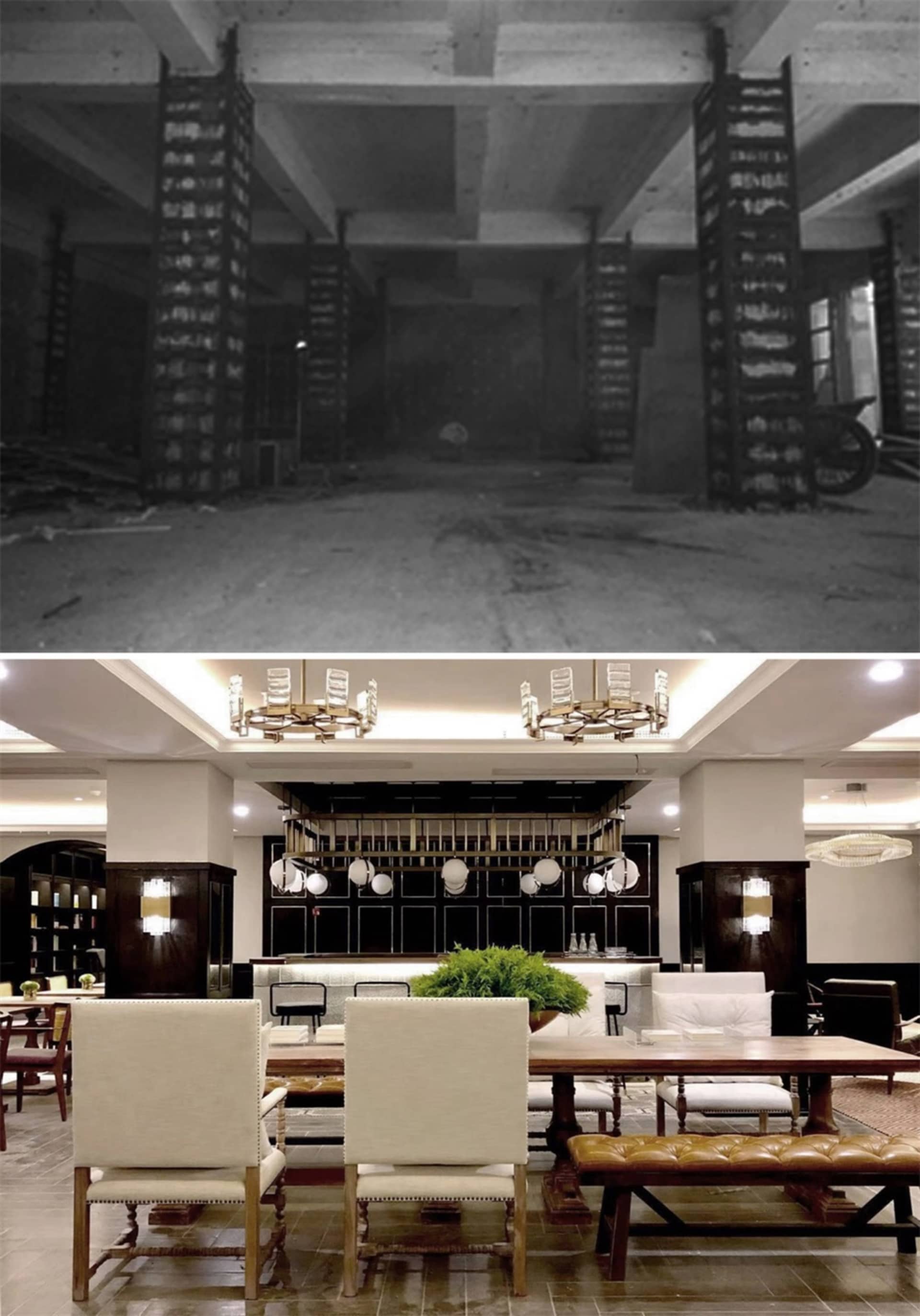 現代酒店大廳，混凝土地板與天花板橫樑，設有吧台座位區與植物。