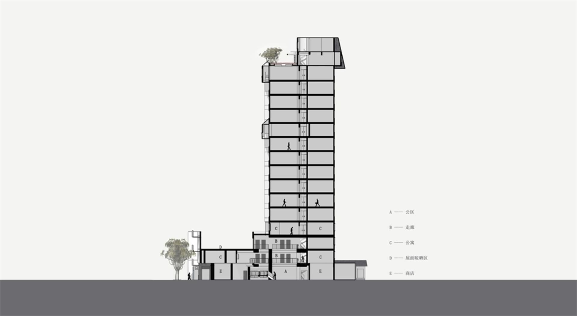 一座以混凝土與玻璃為材質的現代公寓大樓,展示其平面圖。
