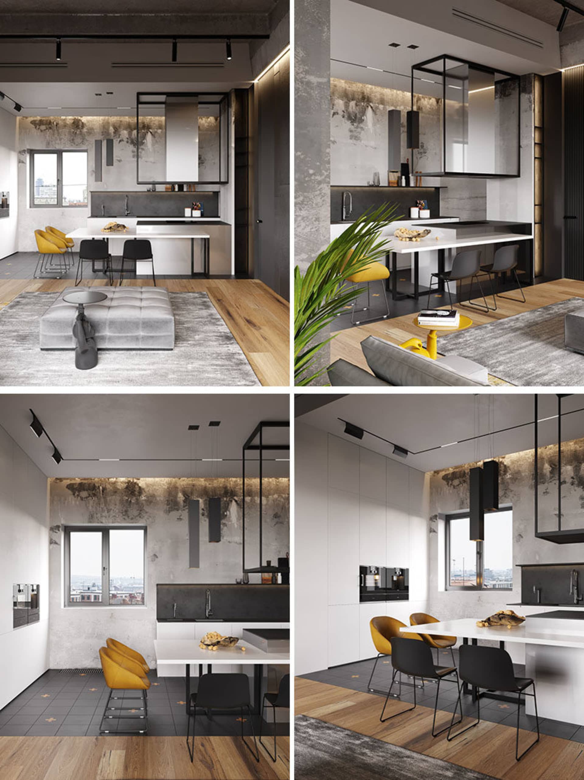 A modern kitchen with concrete walls, white countertops, and wooden flooring, featuring a dining table with yellow chairs.