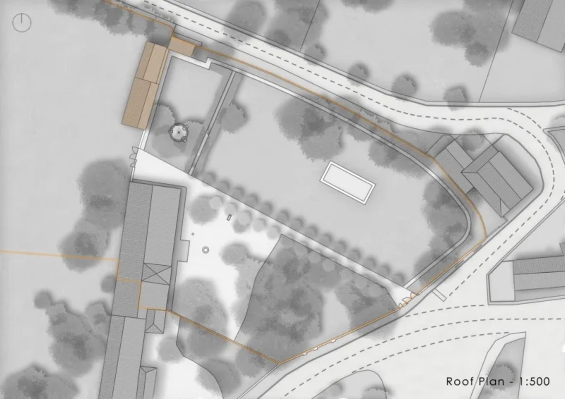 Grey-scale rendering of an architectural roof plan with a roof and walls.