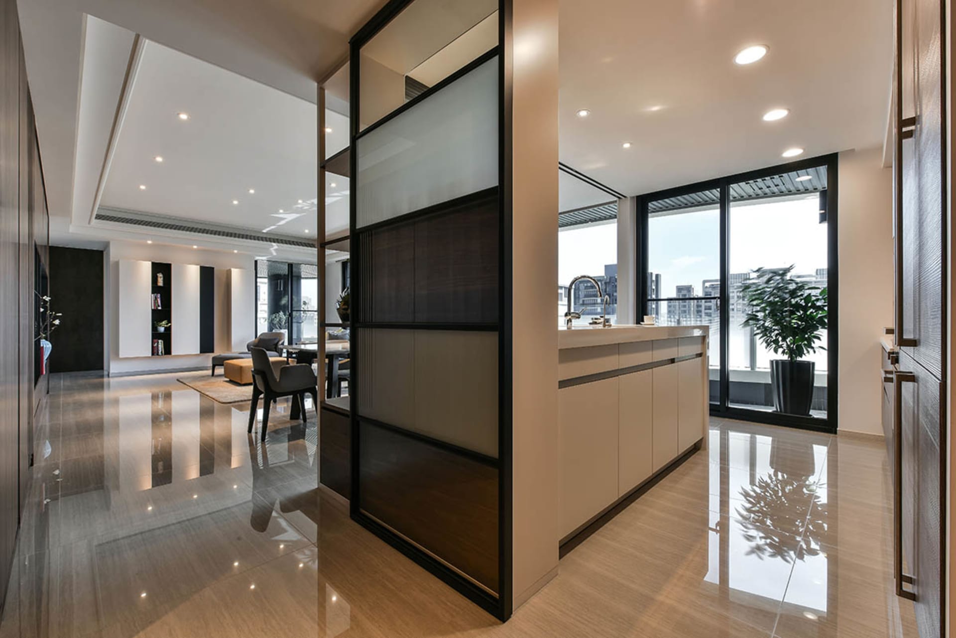 Modern interior design featuring kitchen and living room together.