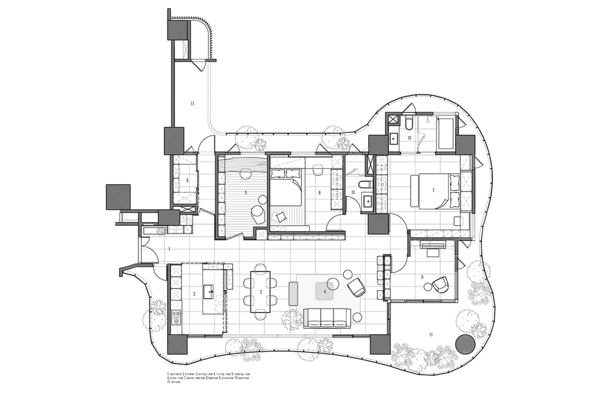 Floor plan of a modern residential space with concrete, glass, and metal elements.