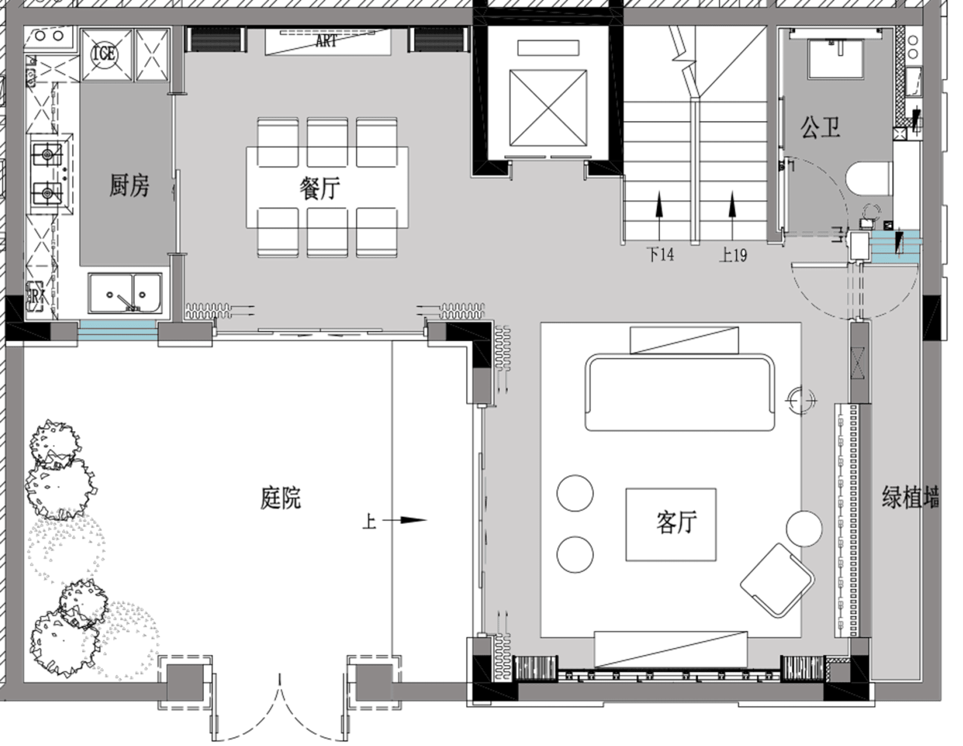 Floor plan of a modern apartment interior with open space and minimalistic design.