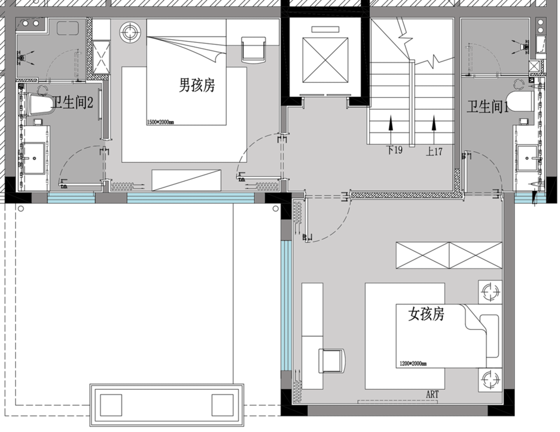 Black and white architectural floor plan with two bathrooms and a central living area.