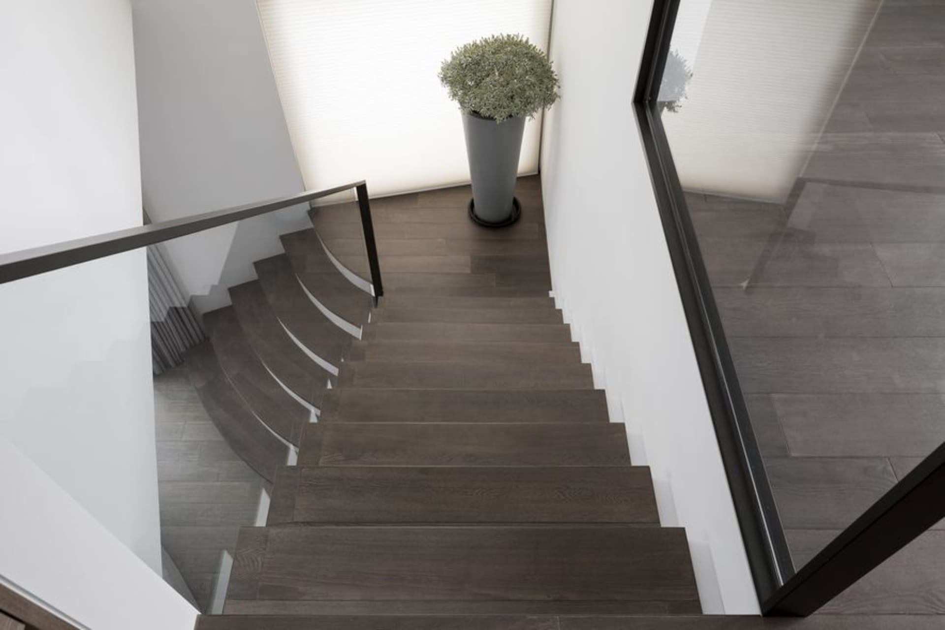 Modern staircase with wooden steps and glass railings.