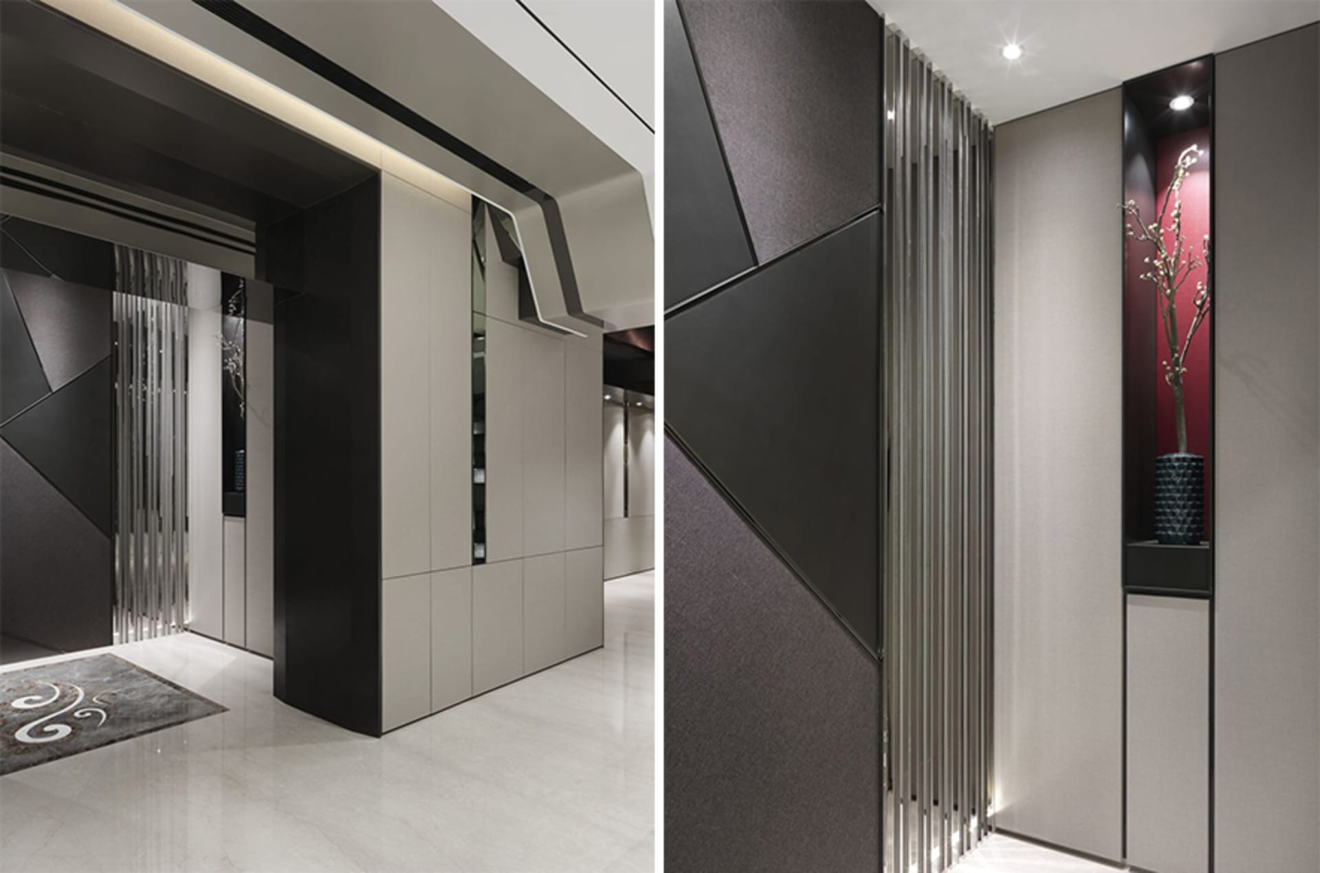 Modern entrance hall featuring metallic, glass, and marble materials.