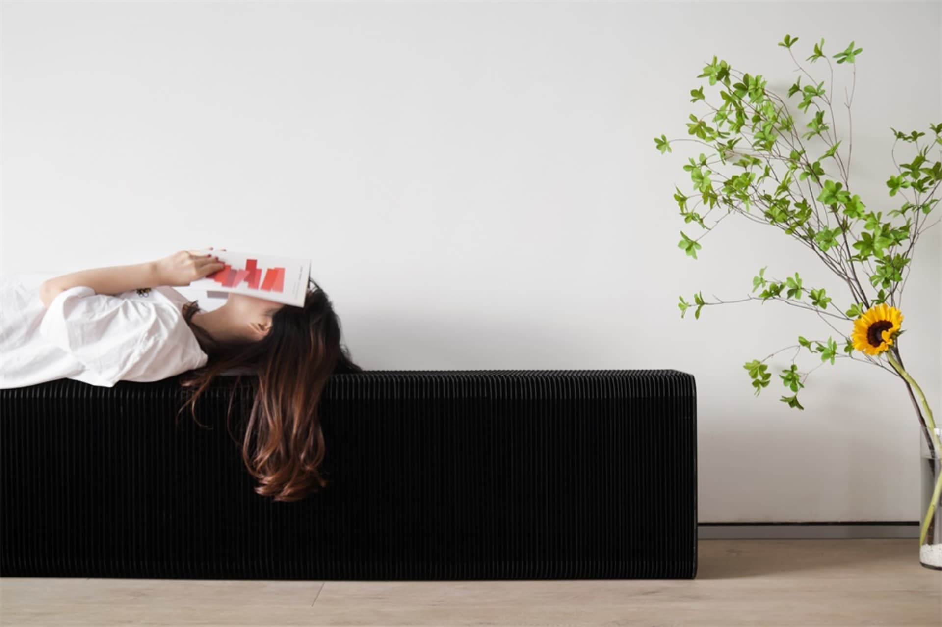 A minimalist living room featuring a black couch against a stark white wall, with a potted plant and sunflower in the corner.