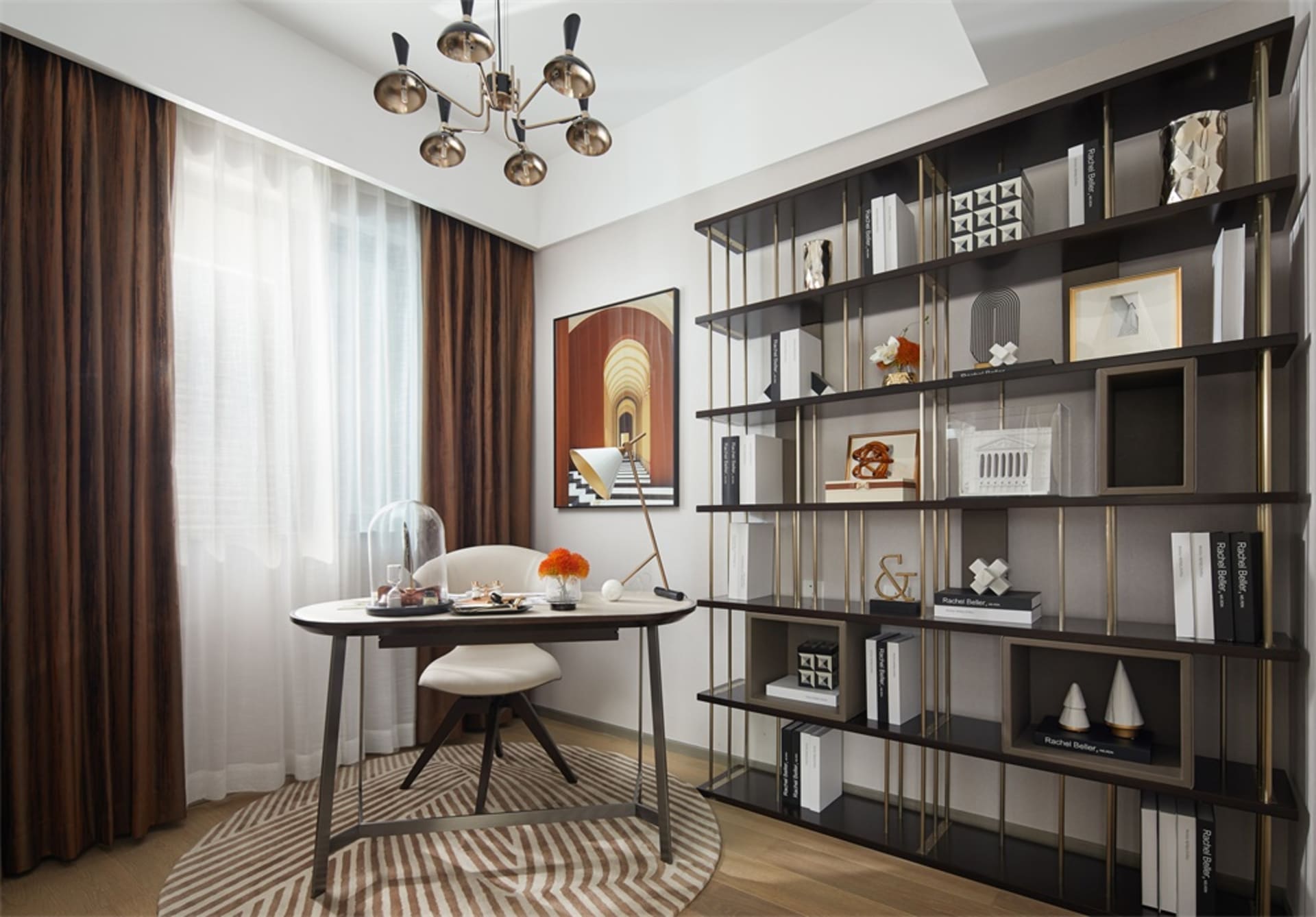 A modern office space featuring a desk and large shelves.