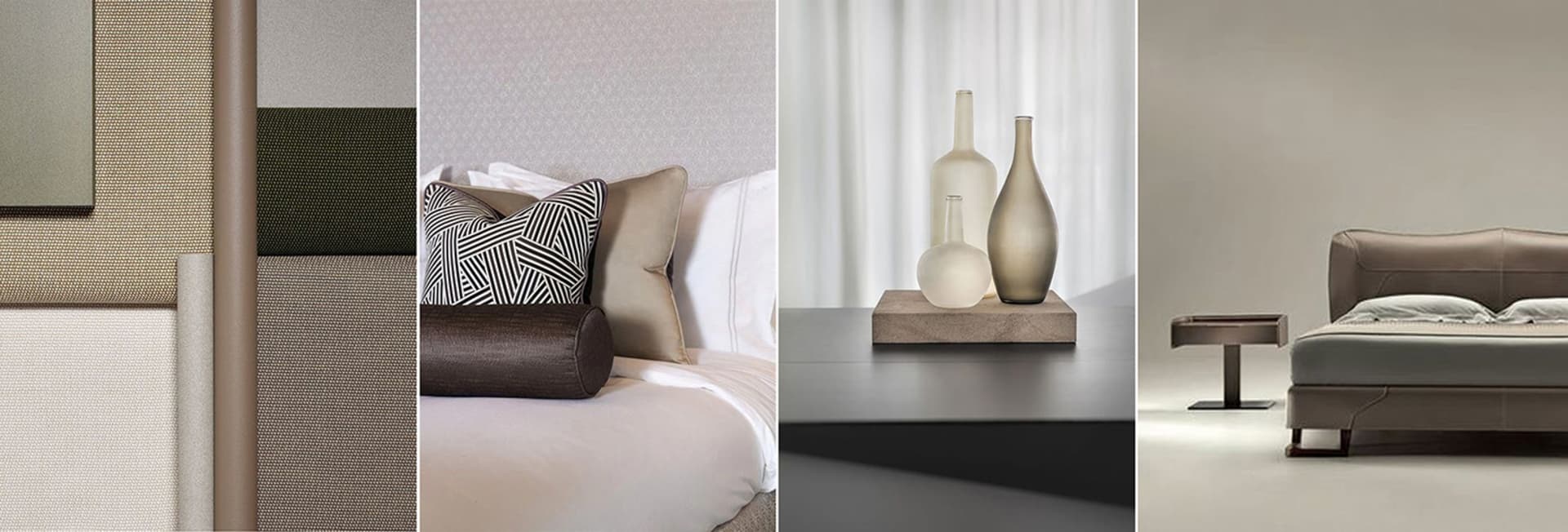 Modern bedroom featuring a bed adorned with various textiles including a black and white geometric-patterned pillow, a brown