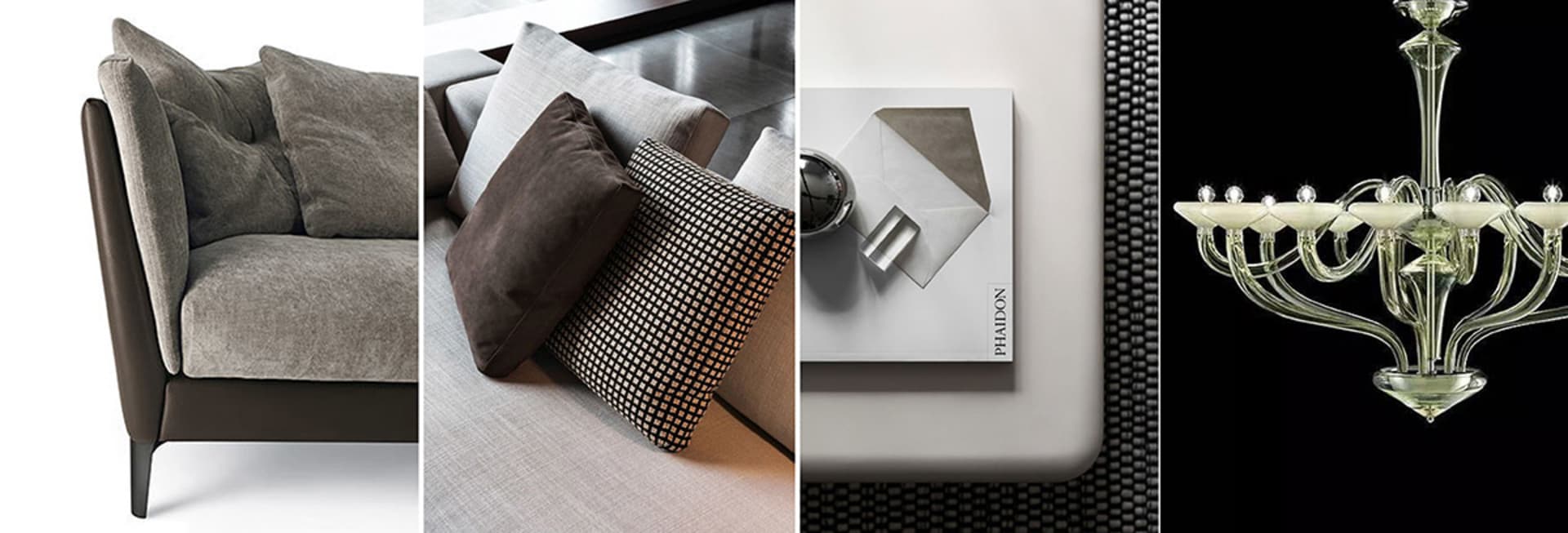 Modern sofa upholstered in gray fabric with a mix of cushions and pillows.