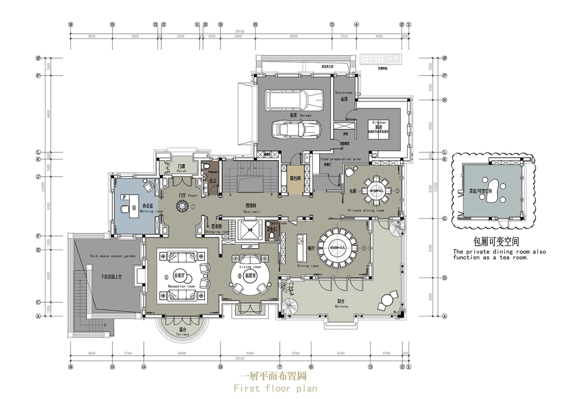 Detailed architectural floor plan of a modern residential home's first floor, featuring various rooms and functional zones.