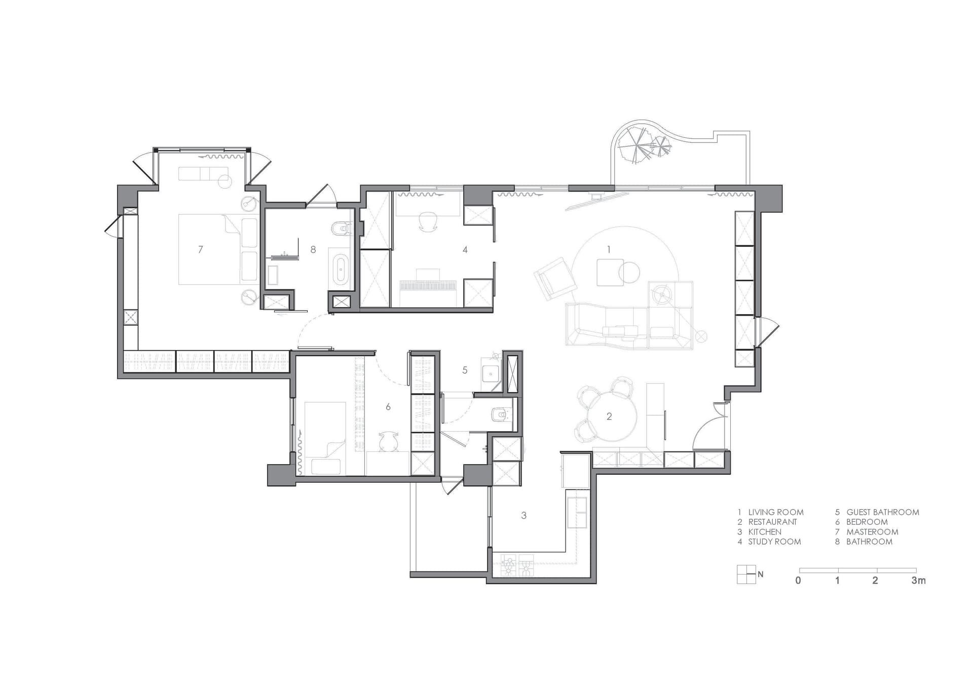 Modern apartment floor plan showing living room, bedrooms, and bathrooms.