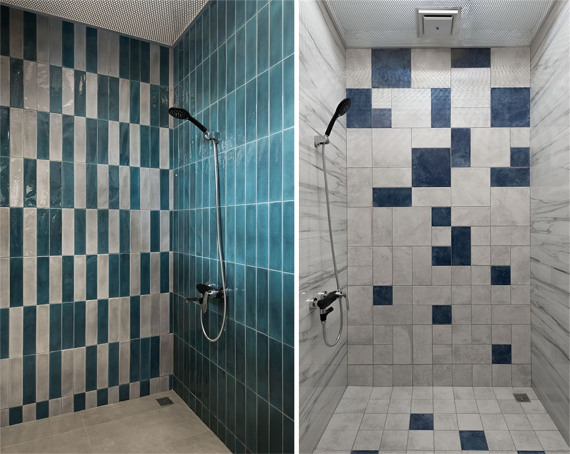 Modern blue and gray ceramic tile shower with black fixtures.