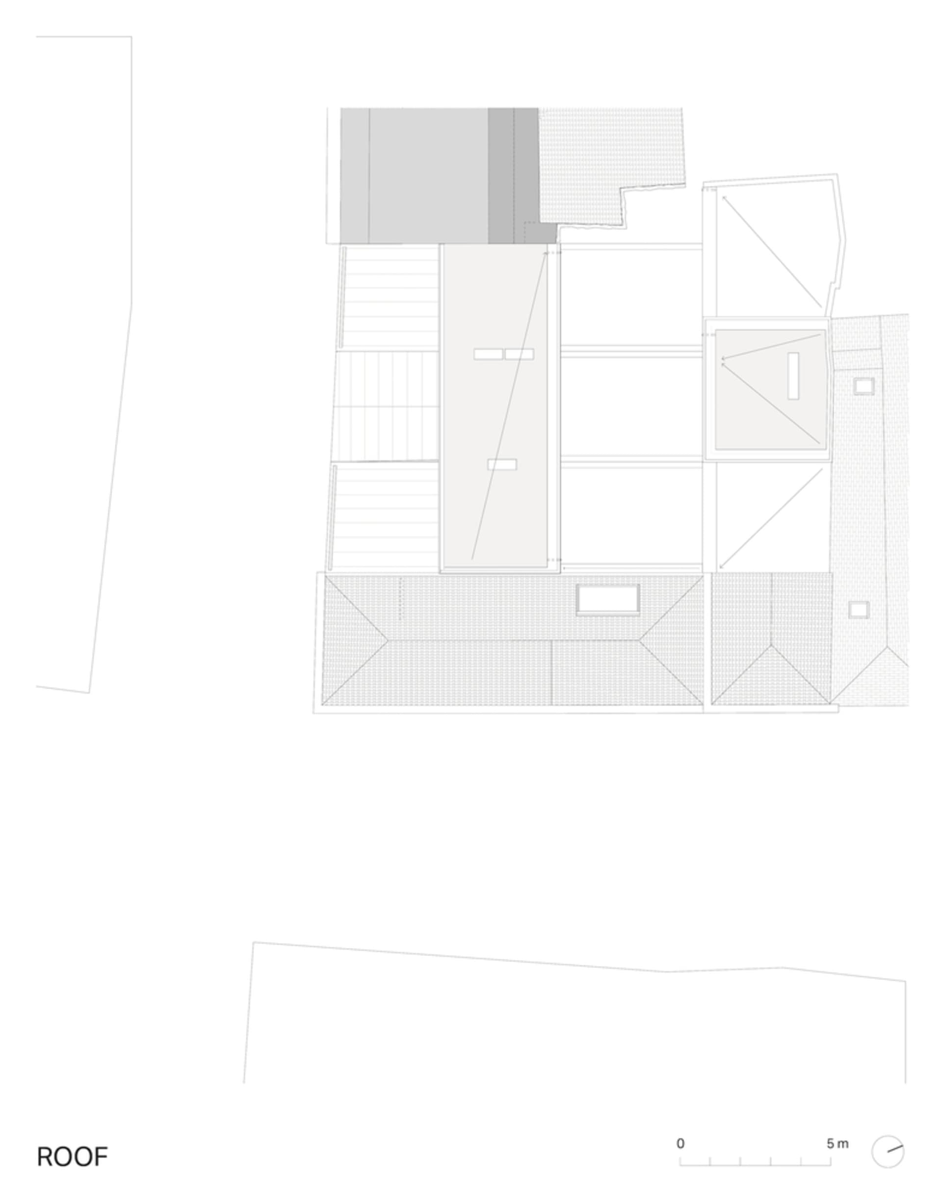 A technical 2D architectural drawing depicting the roof layout of a modern building.