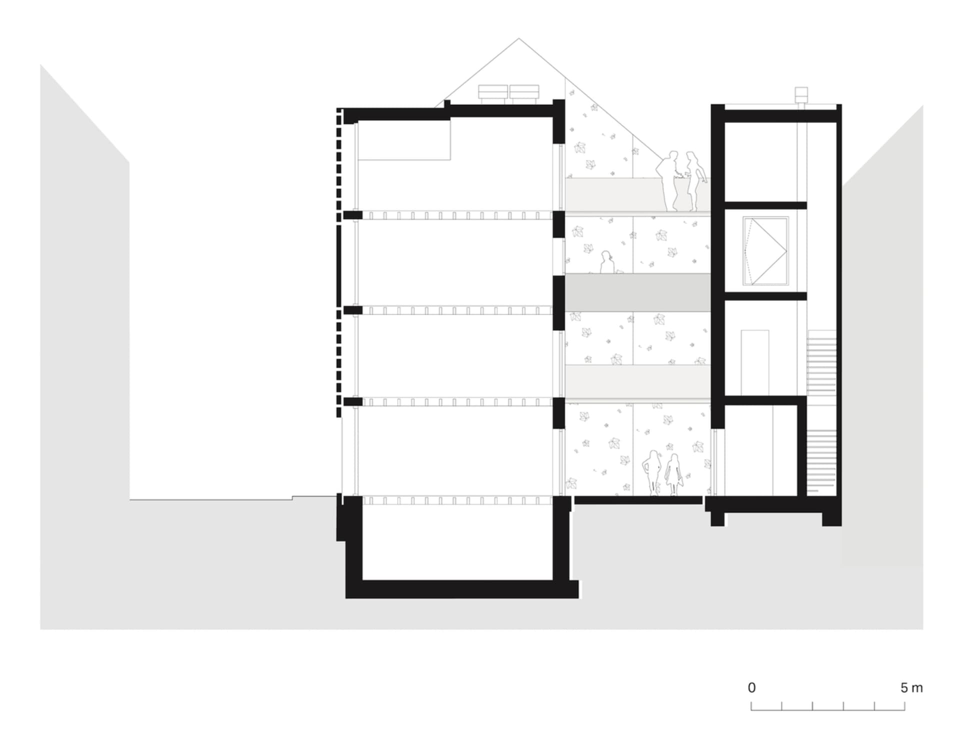 A modern interior paper architecture drawing with detailed layout and sections.