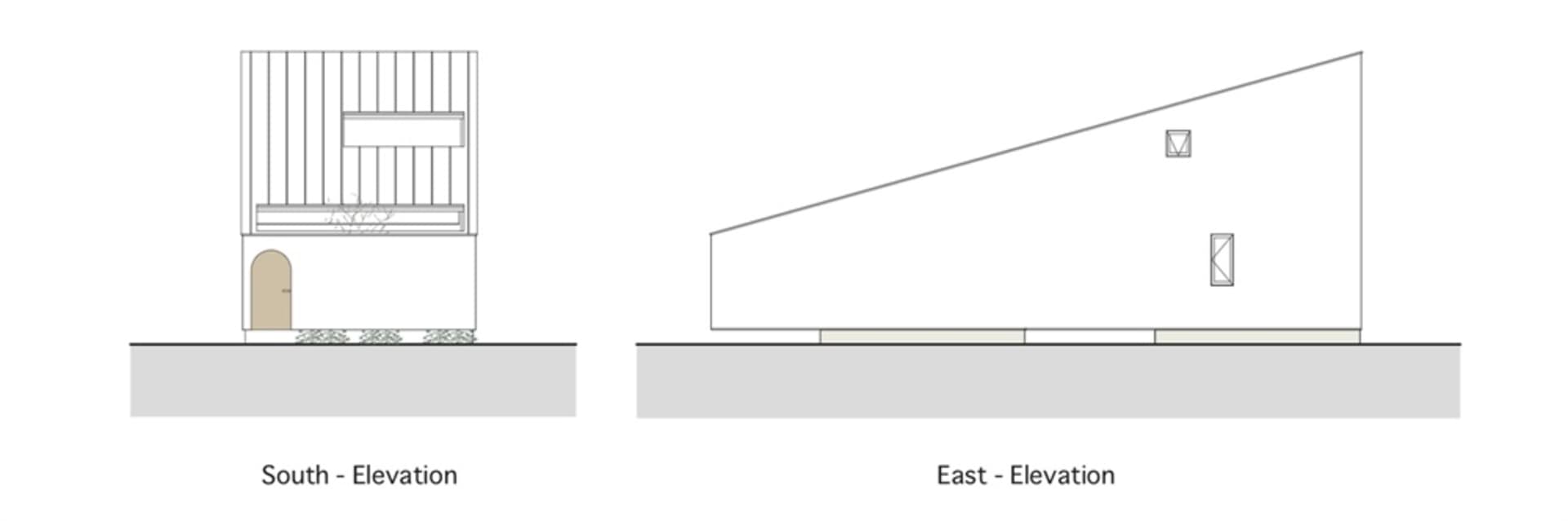 Linear minimalist building elevation with glass, wood, and concrete materials