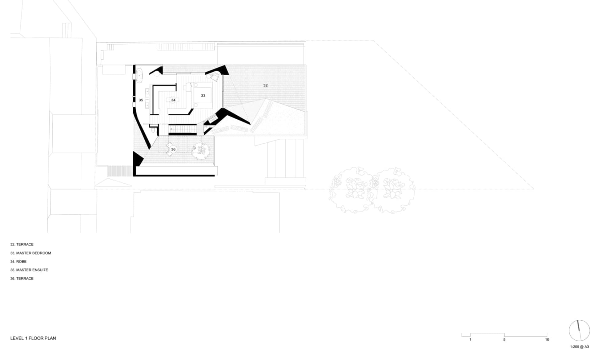 A black and white architectural floor plan of a modern residential space, featuring the layout of rooms and spaces.