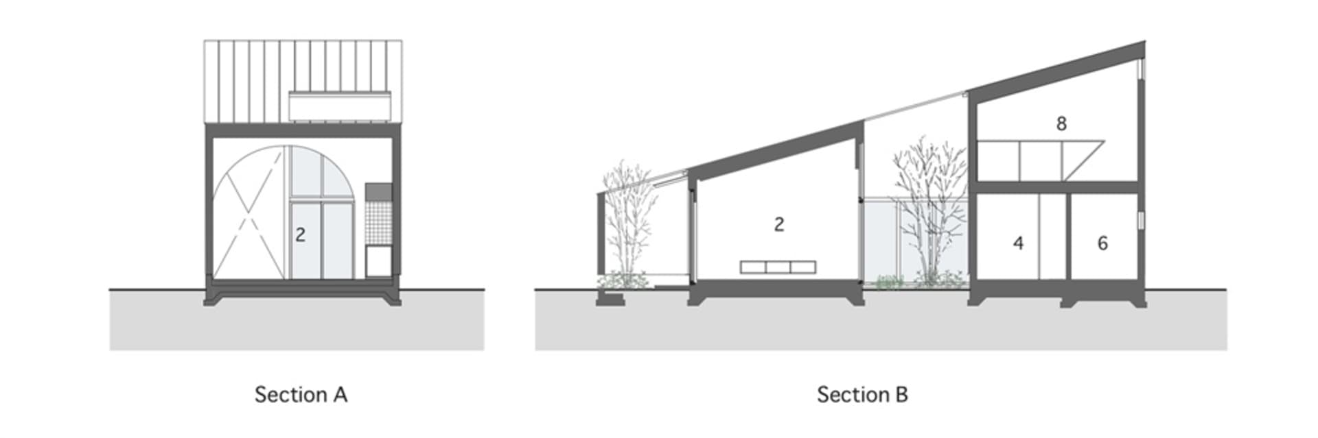 現代住宅剖面圖,採用玻璃與金屬材質。