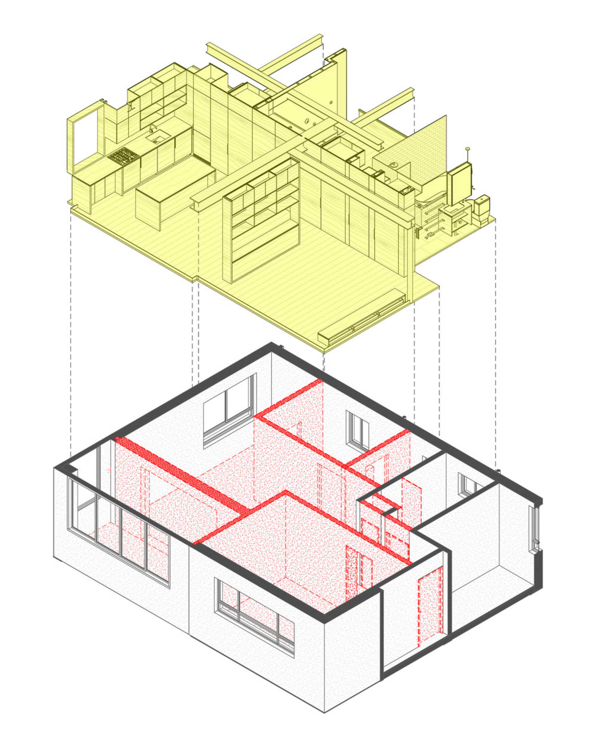 An isometric architectural drawing of a modern residential kitchen with wooden fixtures and flooring.