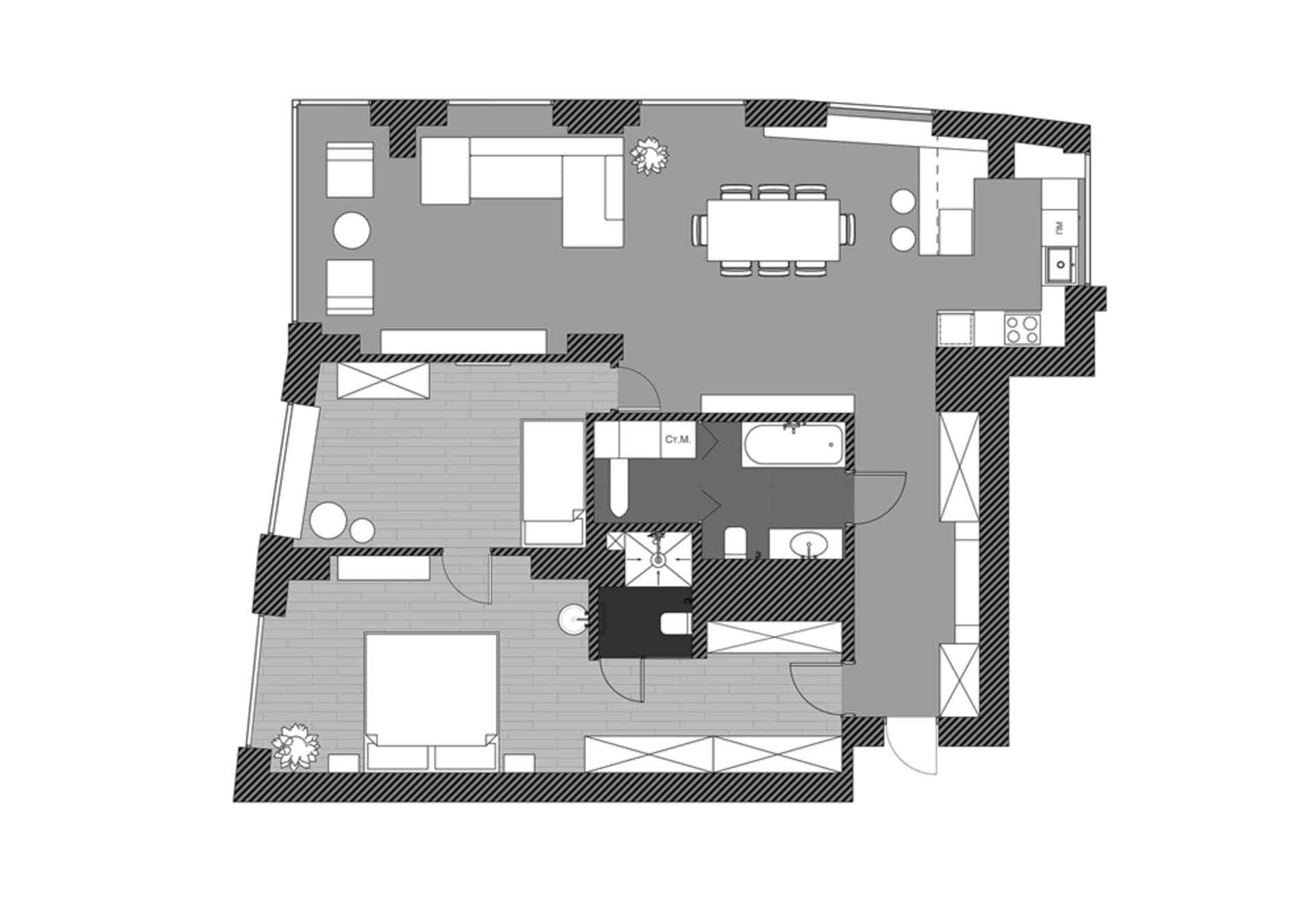 Floor plan of a modern residential apartment with clear sections for living room, dining area, kitchen, bedrooms, and bathroo