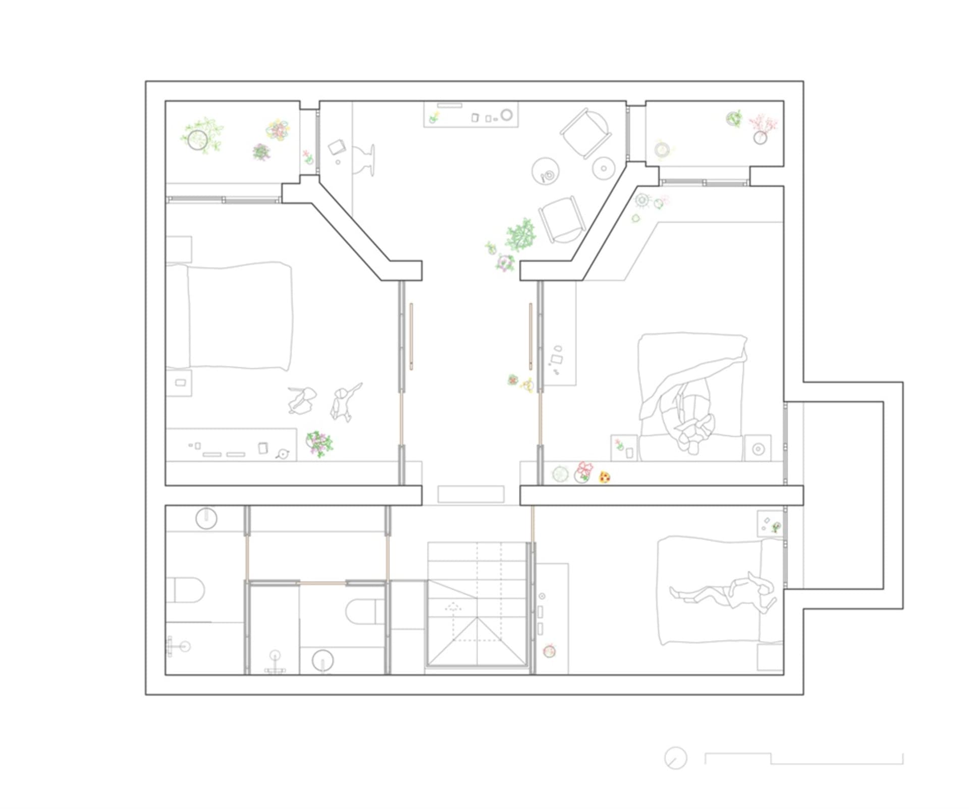 Modern residential floor plan highlighting mixed materials including wood, carpet, and plaster walls.
