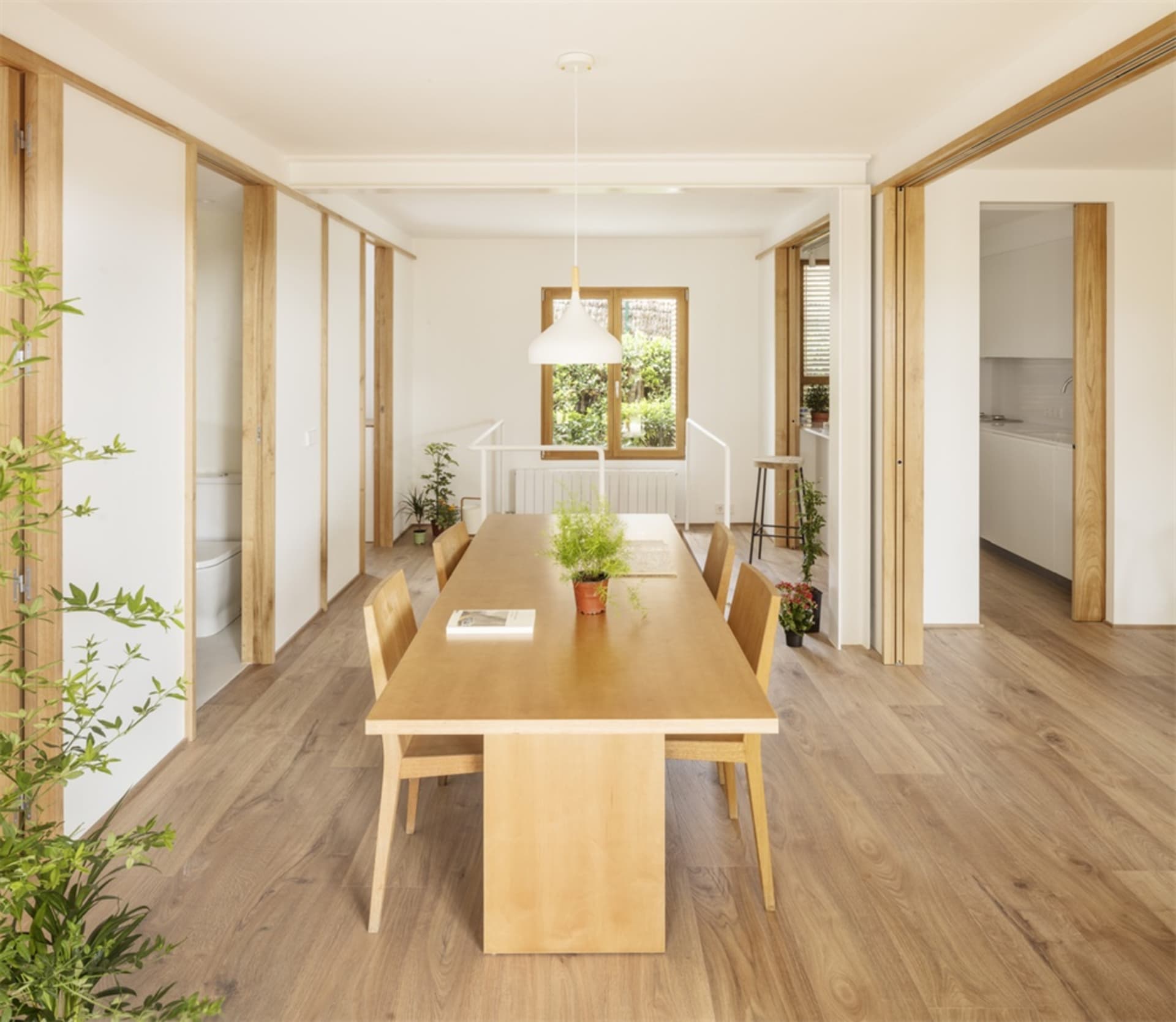 現代客廳與餐廳，搭配木地板、植物與簡約家具。