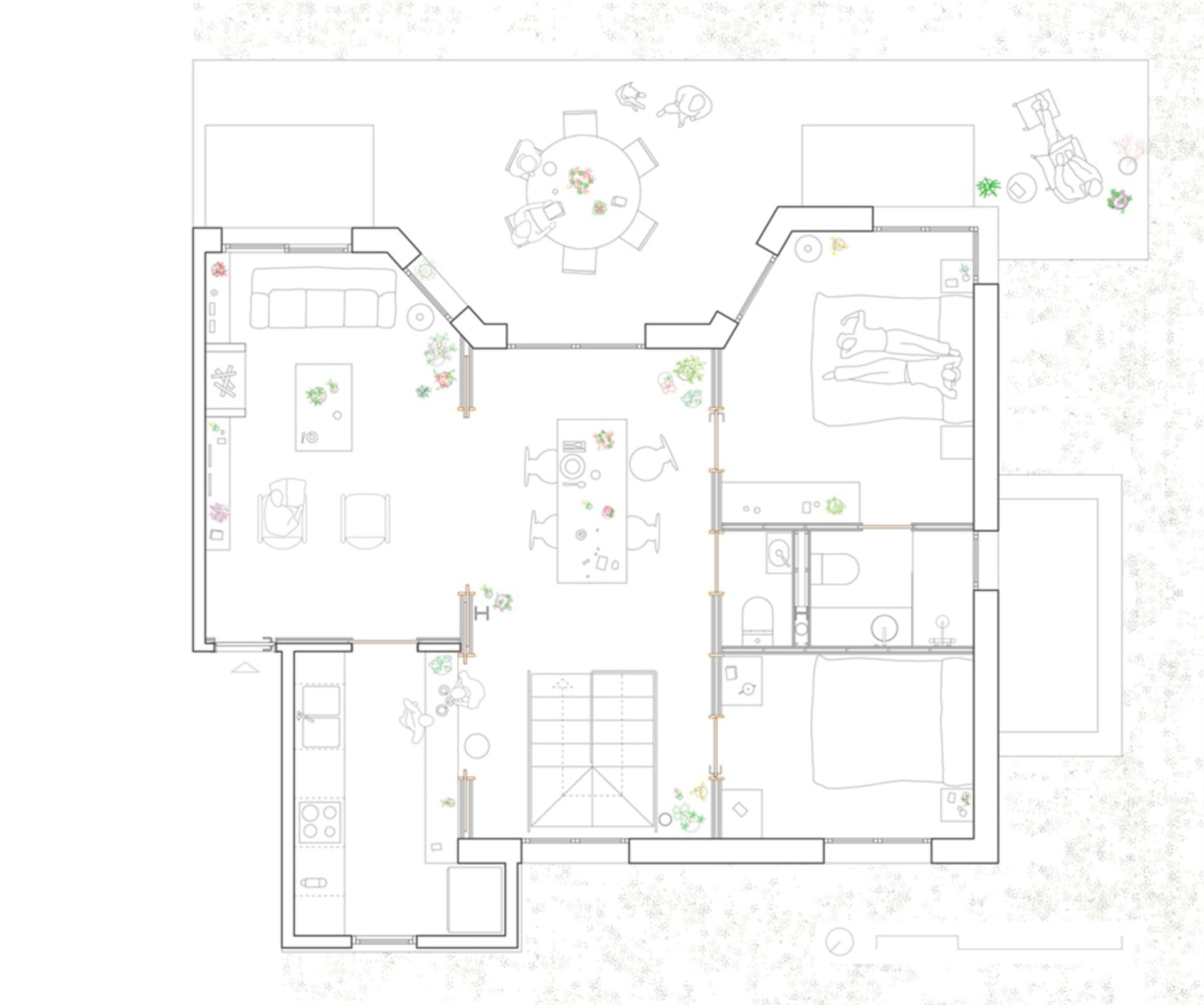 Floor plan of a modern residential apartment with living room, dining area, kitchen, bedrooms, and outdoor seating area.