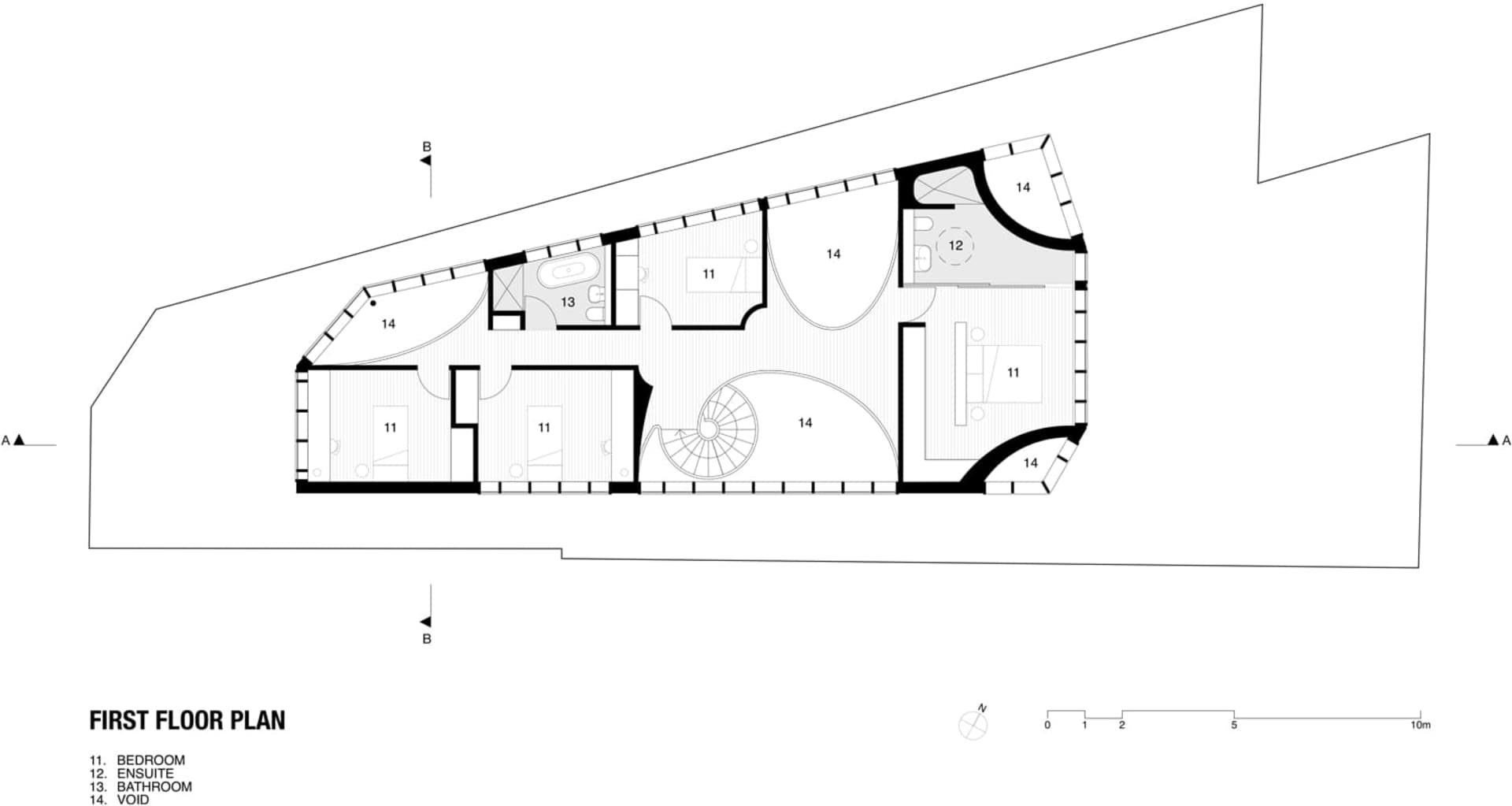 A detailed 2D architectural drawing for a floor plan of a modern architectural space.