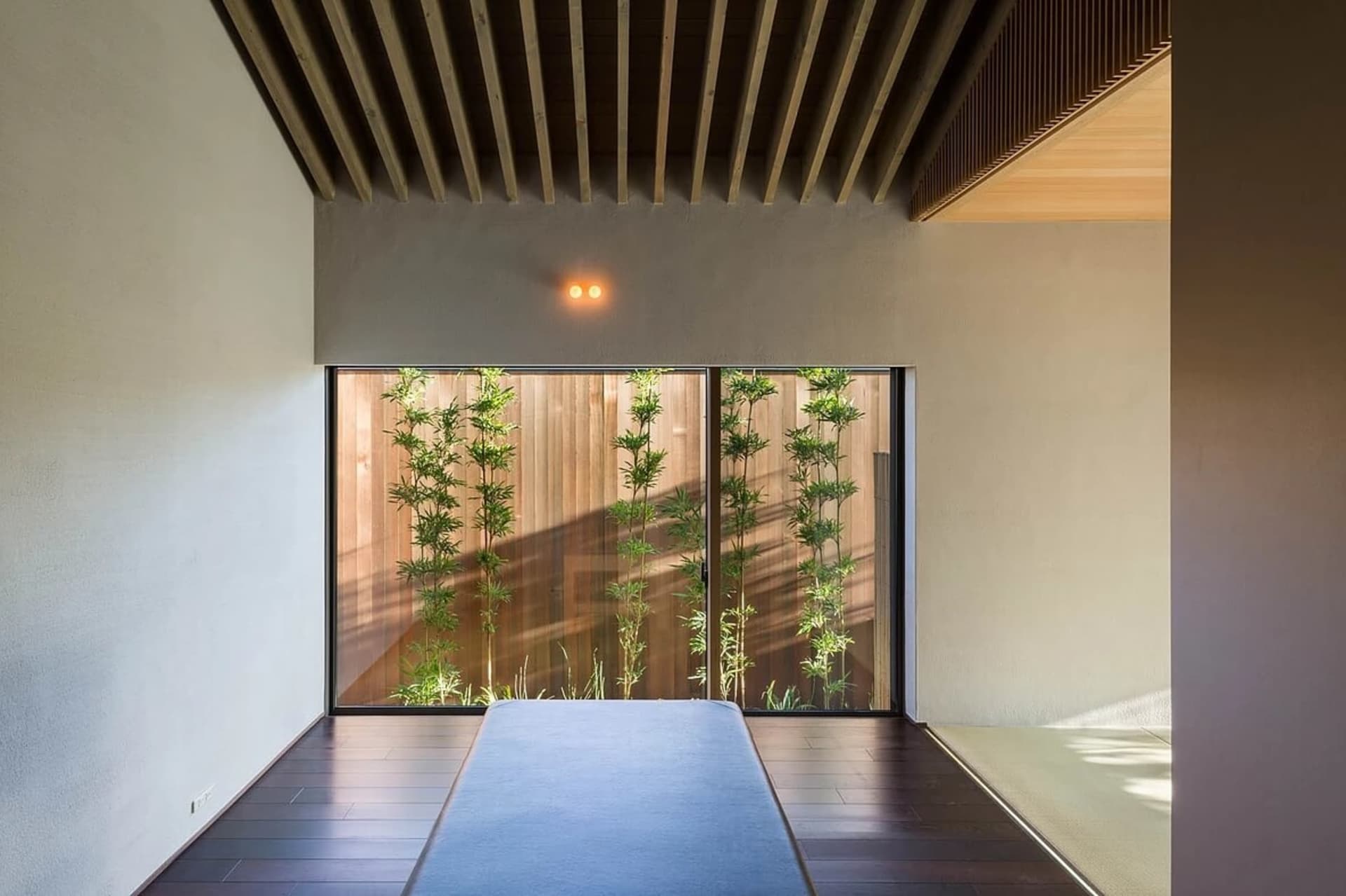 現代簡約客廳,透過大型滑動玻璃門可見花園景觀,搭配深色木地板與簡約