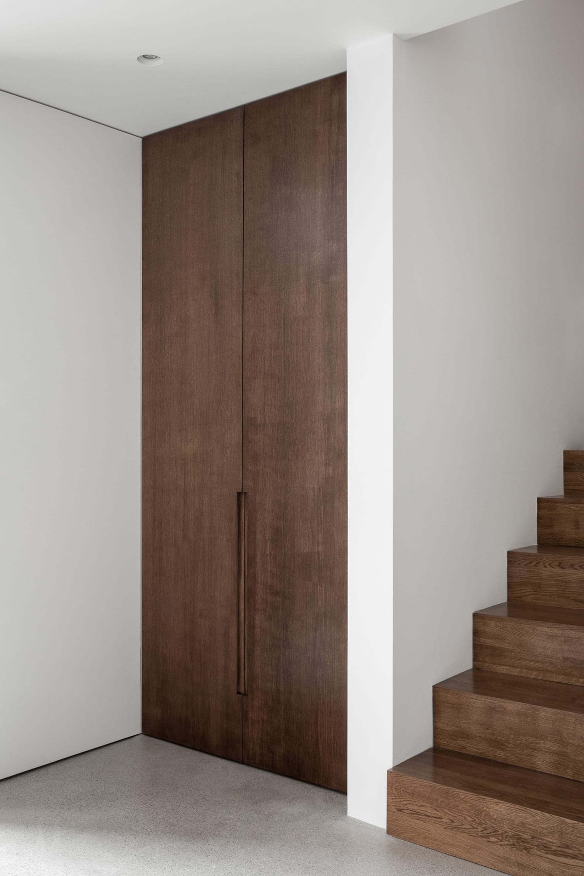 Modern minimalist interior with wooden cabinetry and white walls.