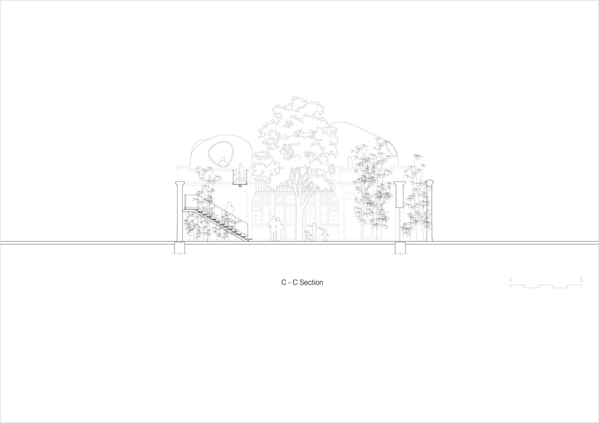 A technical drawing showing a section of a building.