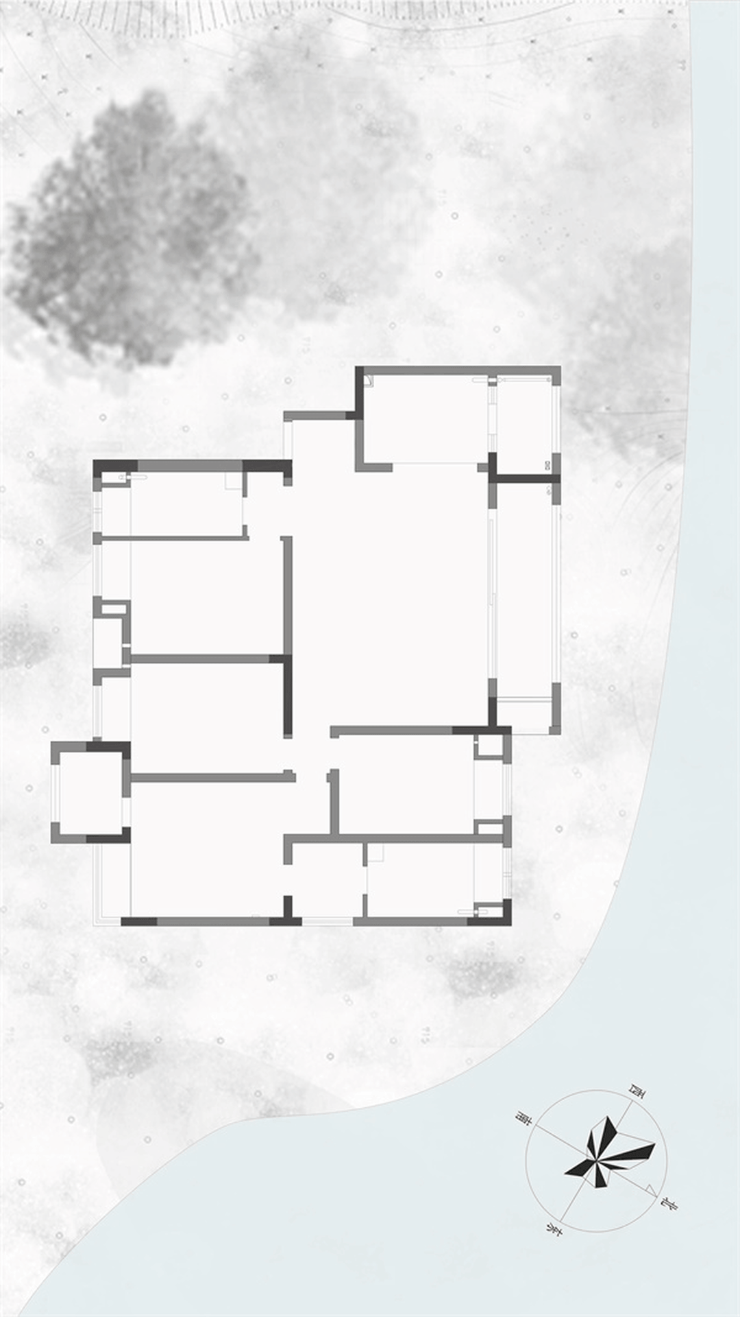 An overhead view of a modern residential floor plan with minimalist design.
