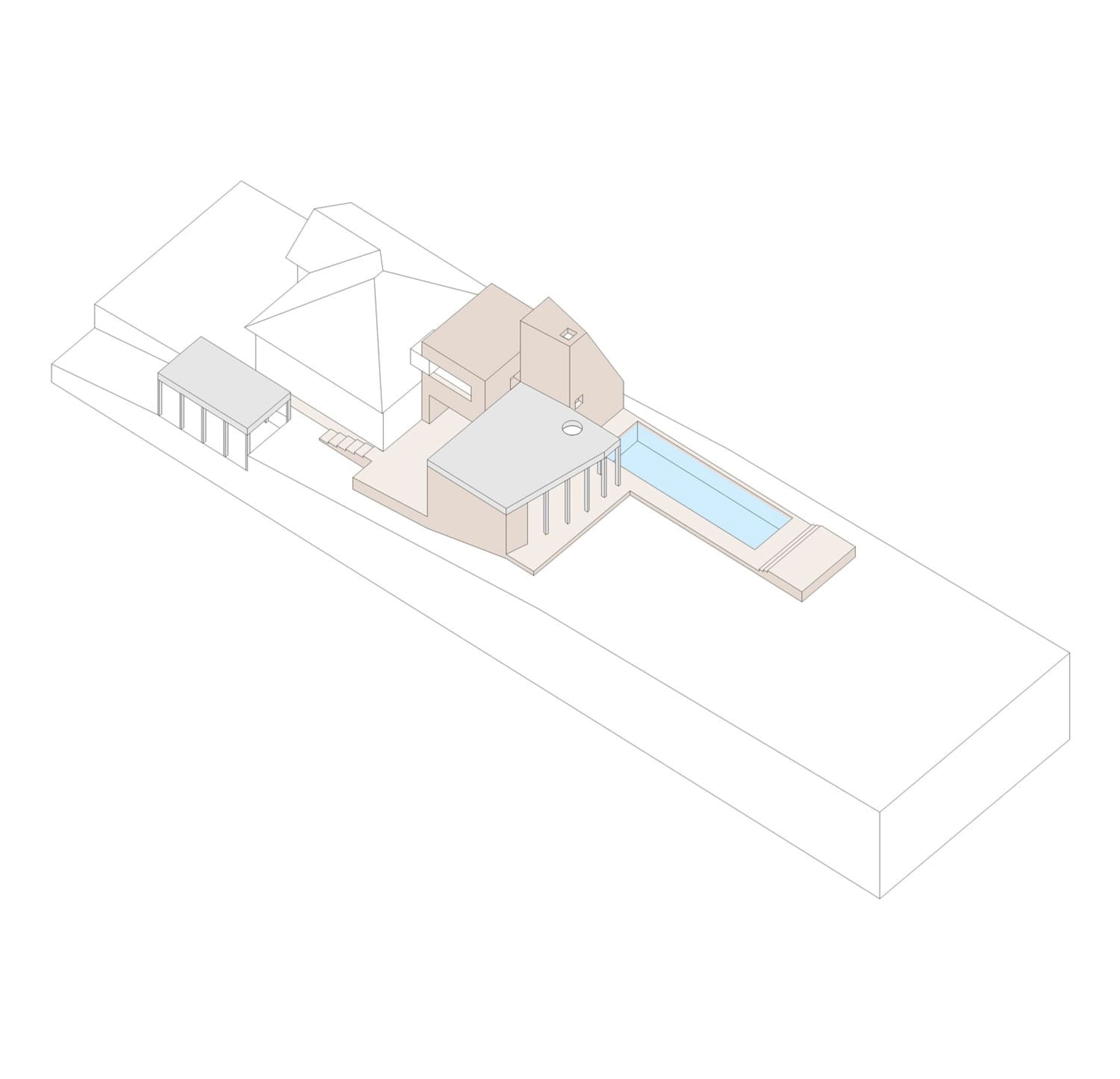A 3D rendering of a modern house with a pool.