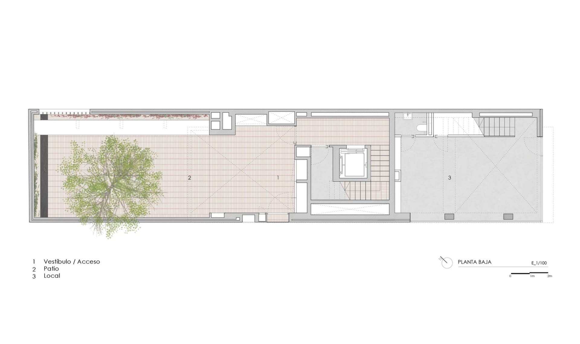 A detailed drawing of a modern architectural floor plan utilizing tile, glass, and wood materials