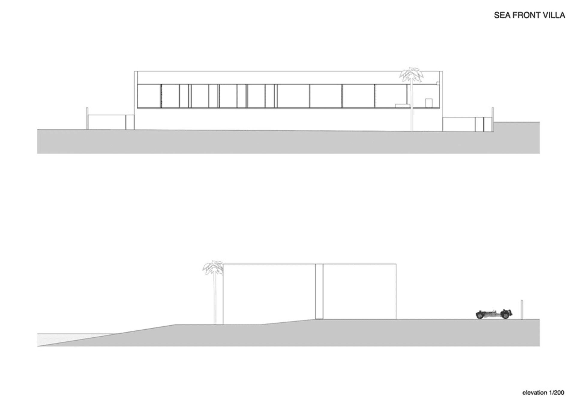 Two sectional drawings of a sea front villa showing the elevation.