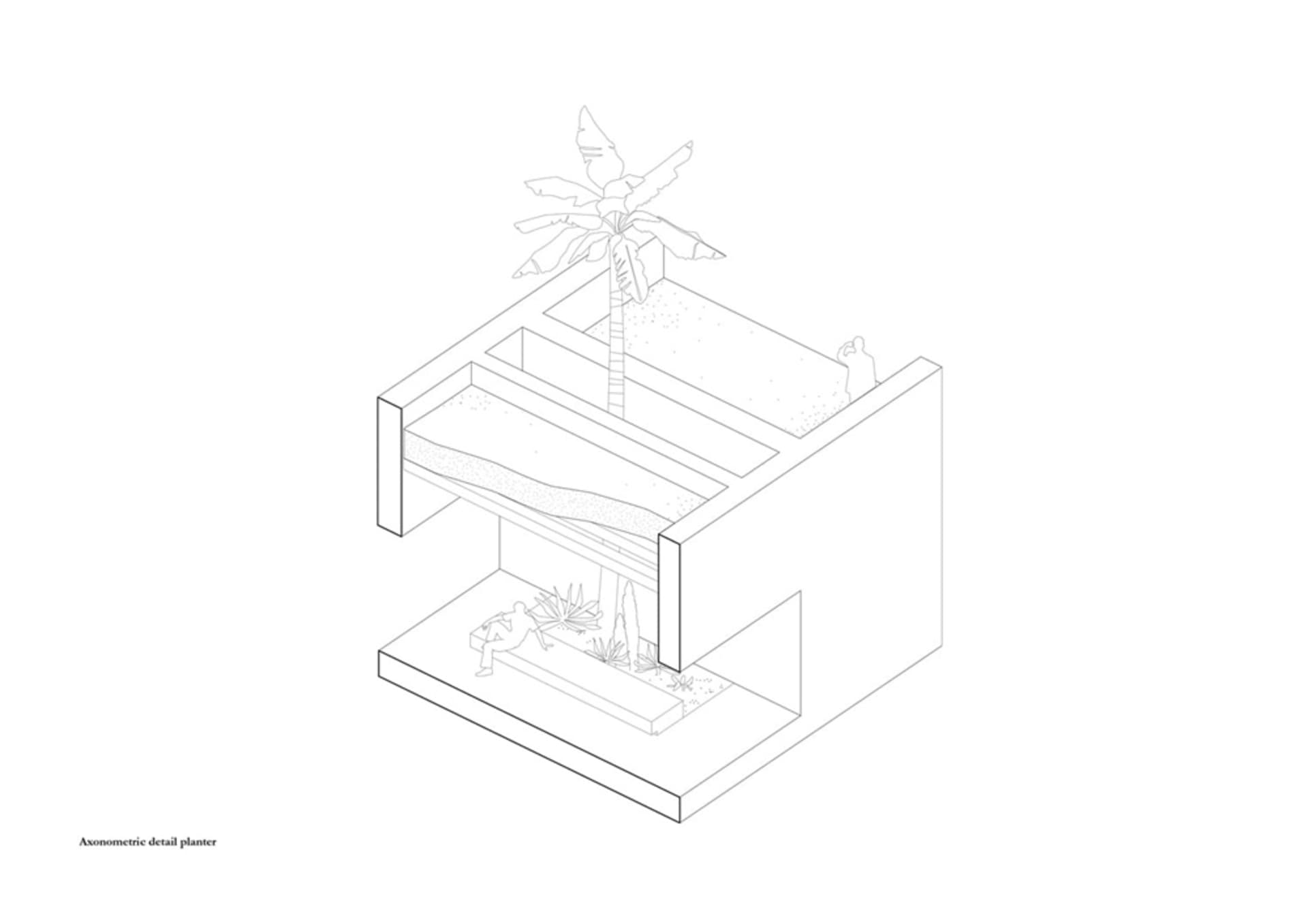 Isometric view of an interior space with a concrete planter containing a palm tree and other plants.