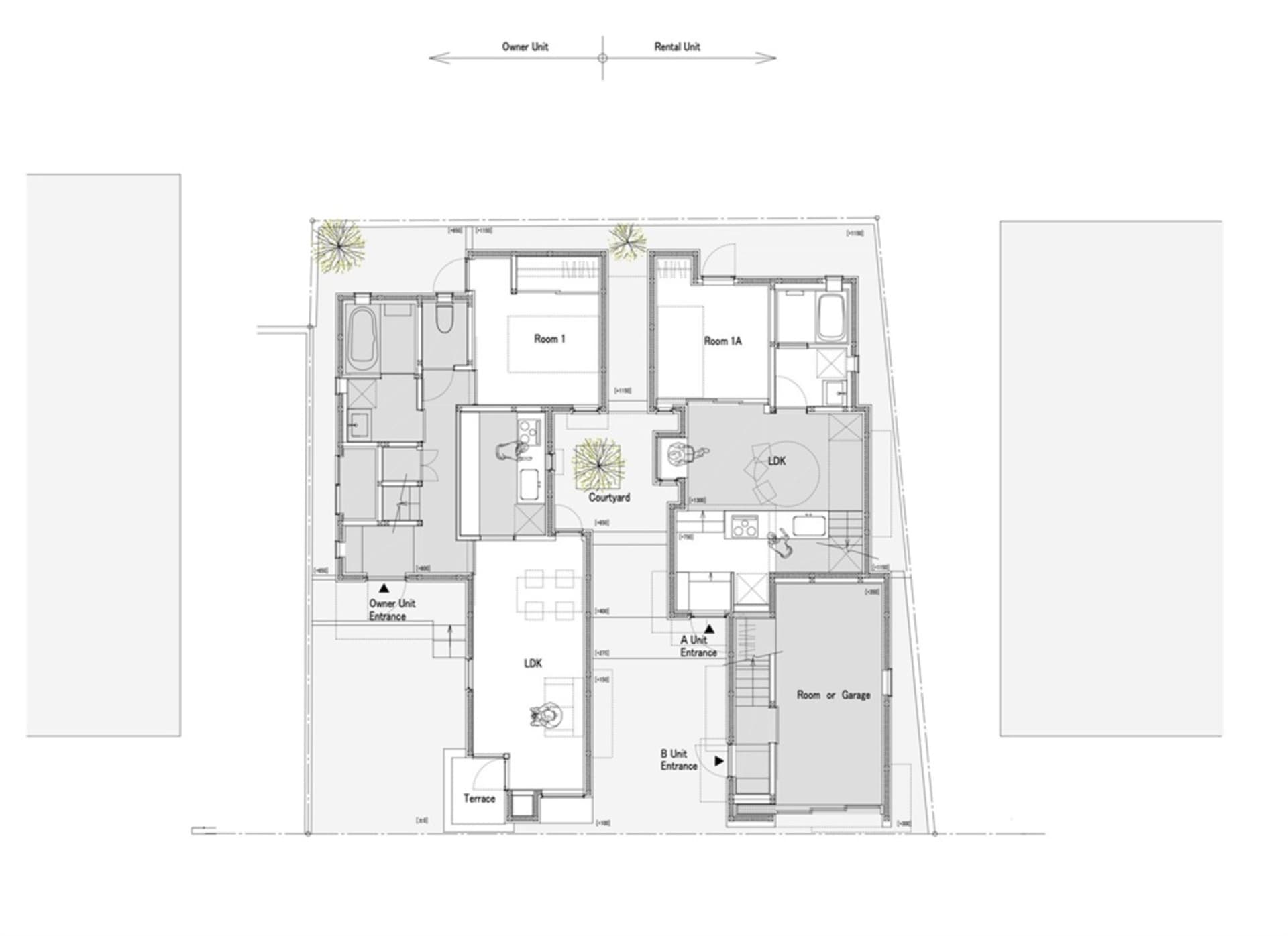 A detailed 2D architectural drawing showing the layout of a modern residential building.