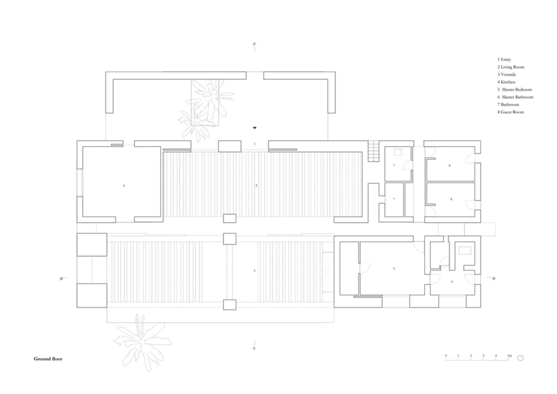 2D architectural drawing of a modern residential plan featuring concrete and glass materials.