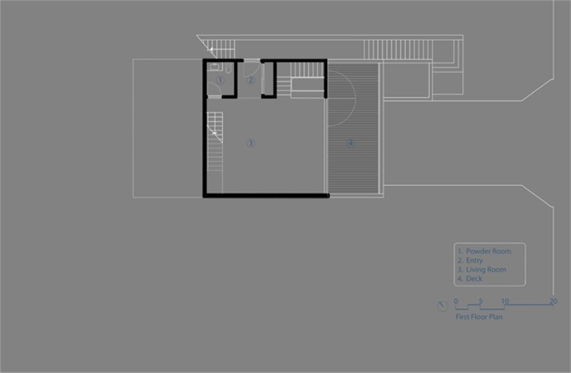 Floor plan of a modern house showing ground floor layout with labeled rooms such as Powder Room, Entry, Living Room, and Deck