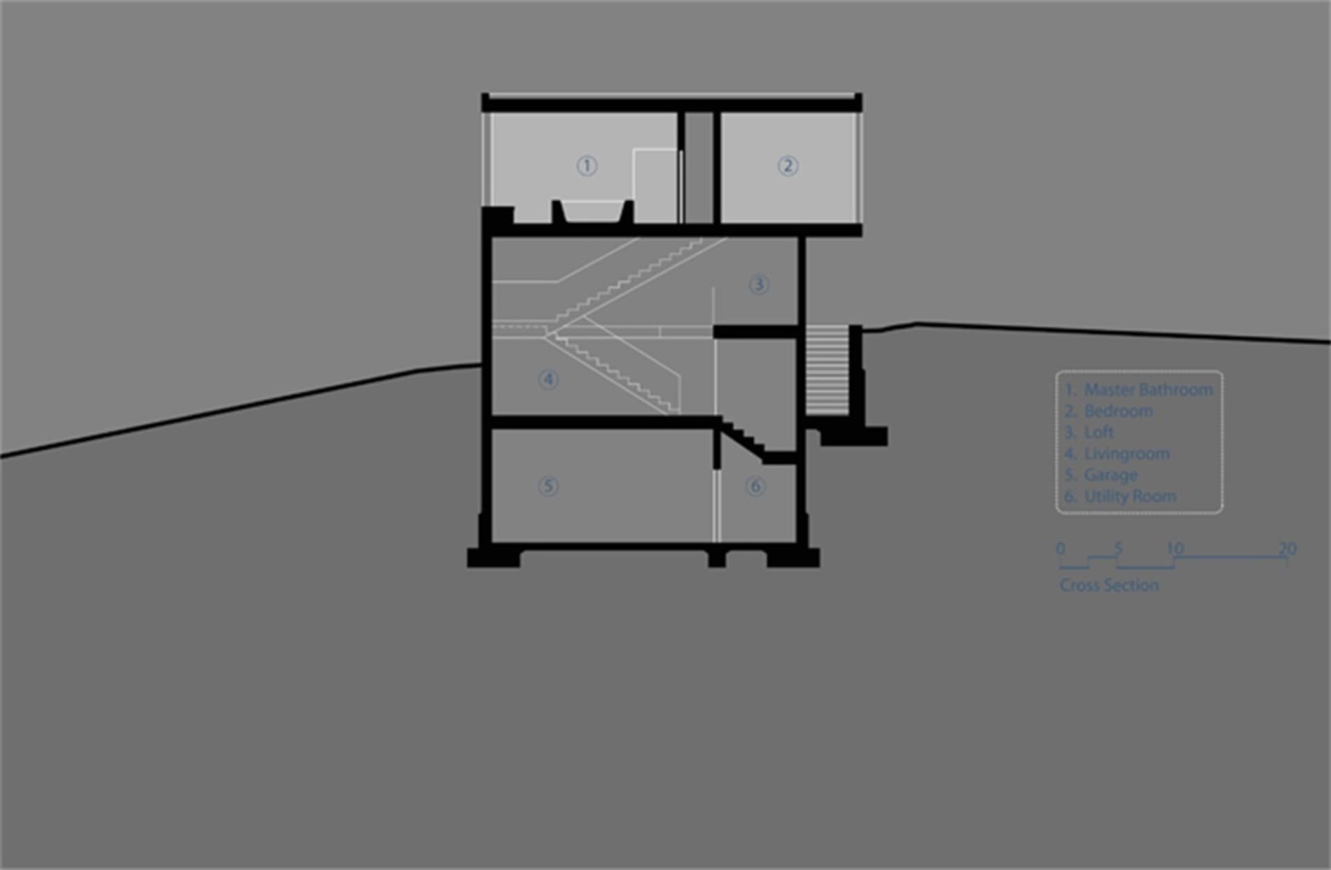 Cross-sectional view of a house showing various floors and rooms.