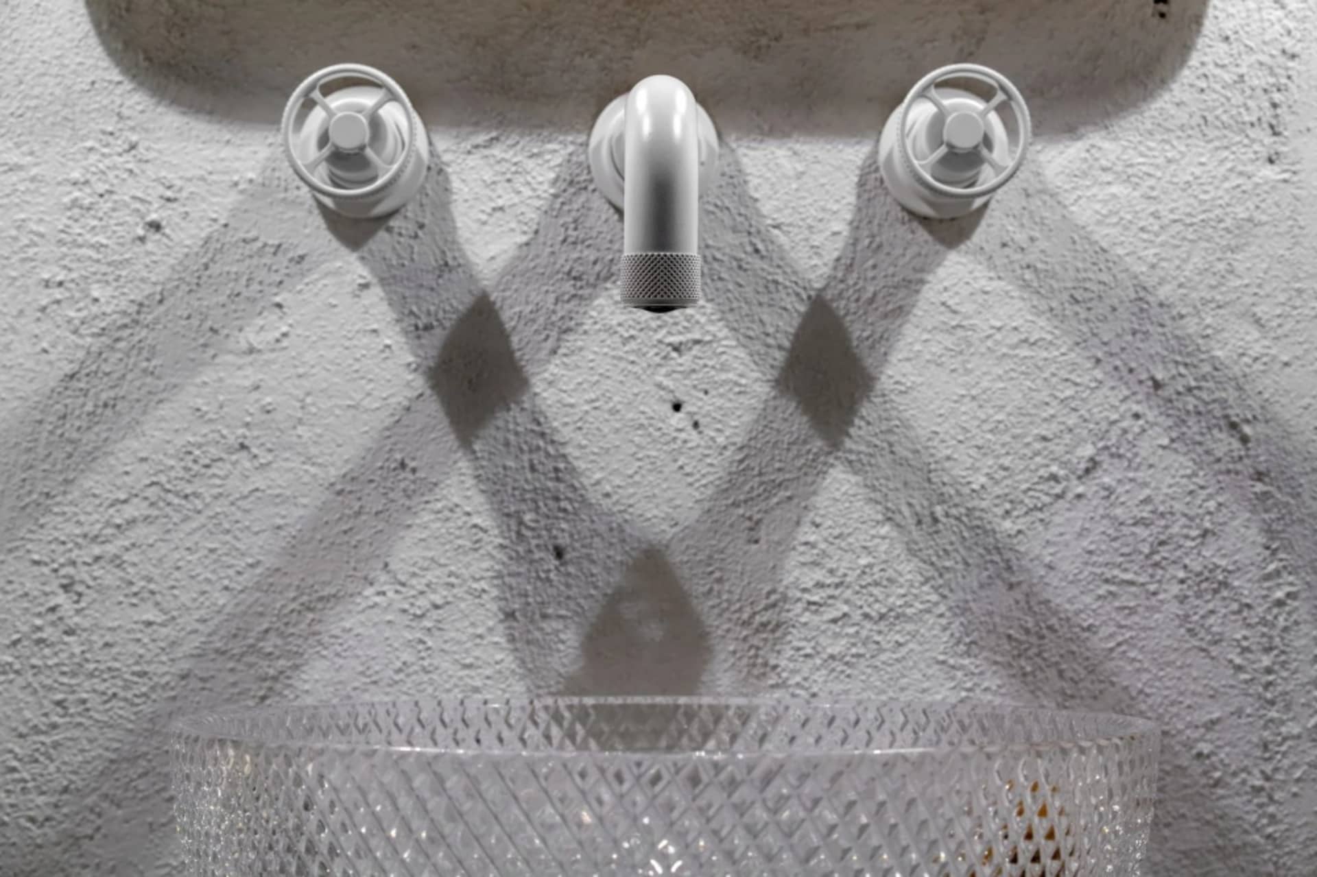 Concrete water faucet and sink in an industrial-style bathroom
