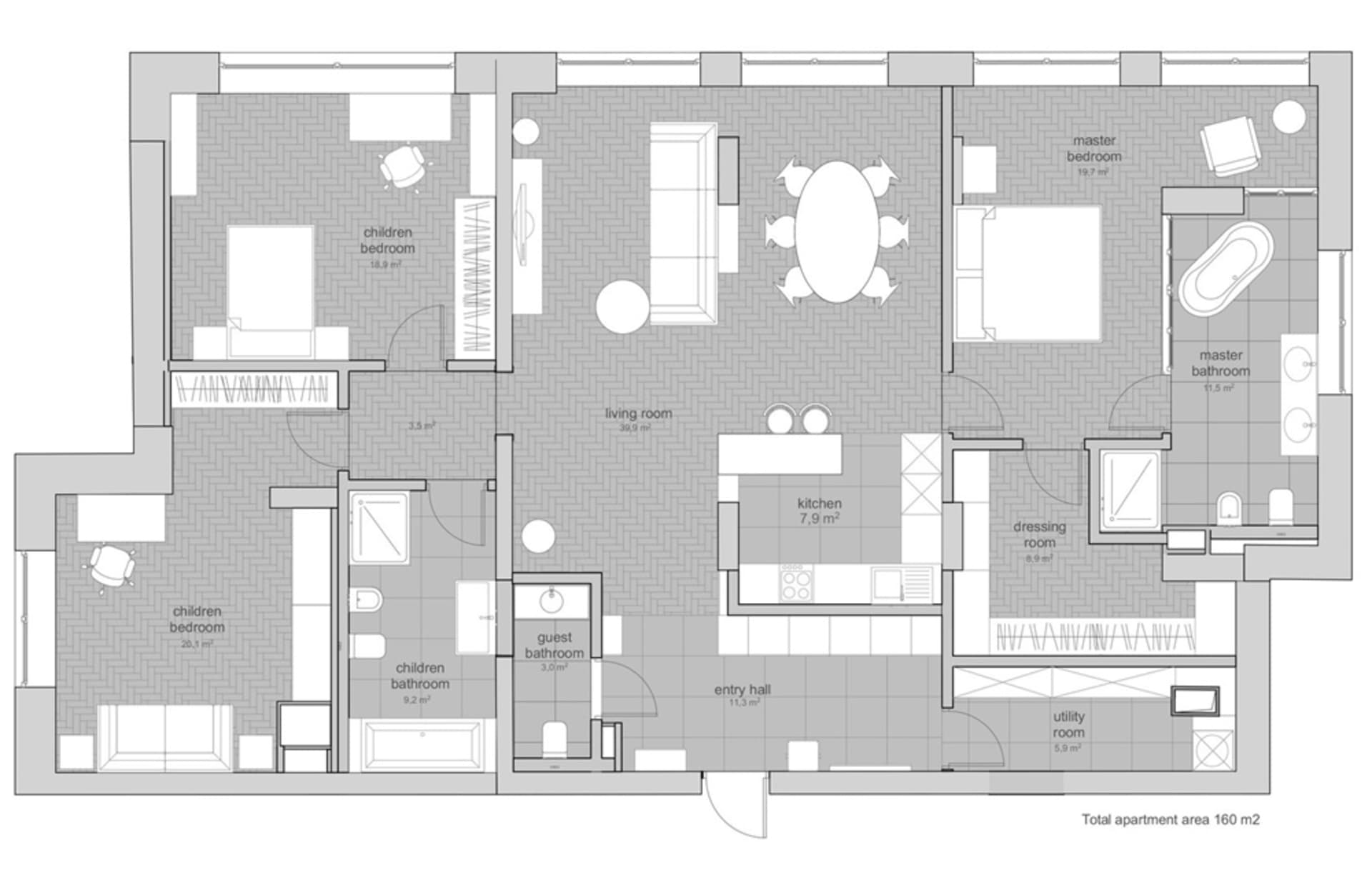 A modern residential floor plan with white and black squares, showing a living room, dining area, kitchen, and bedrooms.