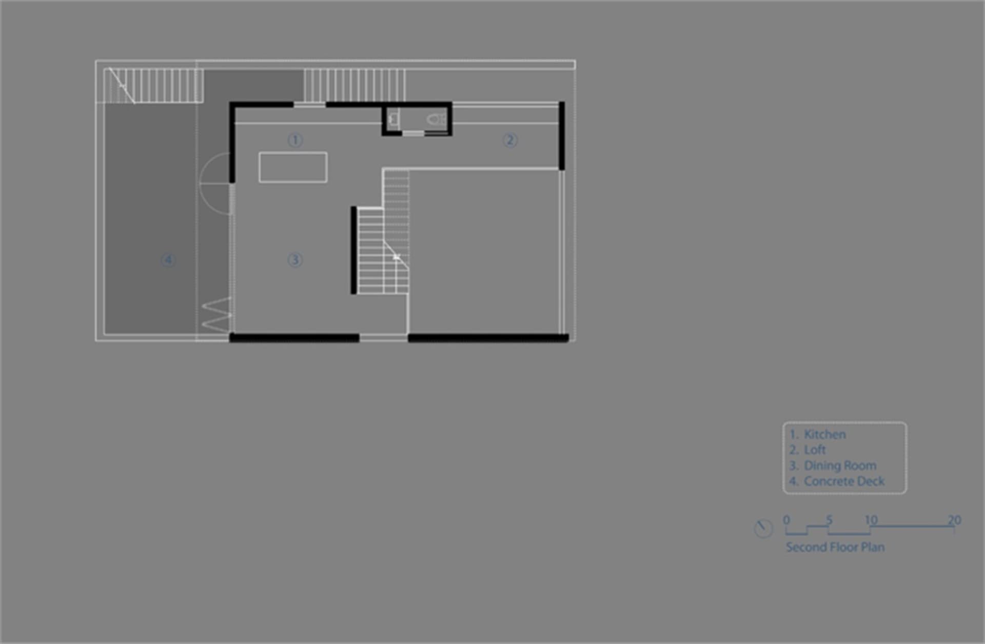 Second floor plan of a modern apartment with concrete flooring, featuring a kitchen, loft, dining room, and concrete deck.