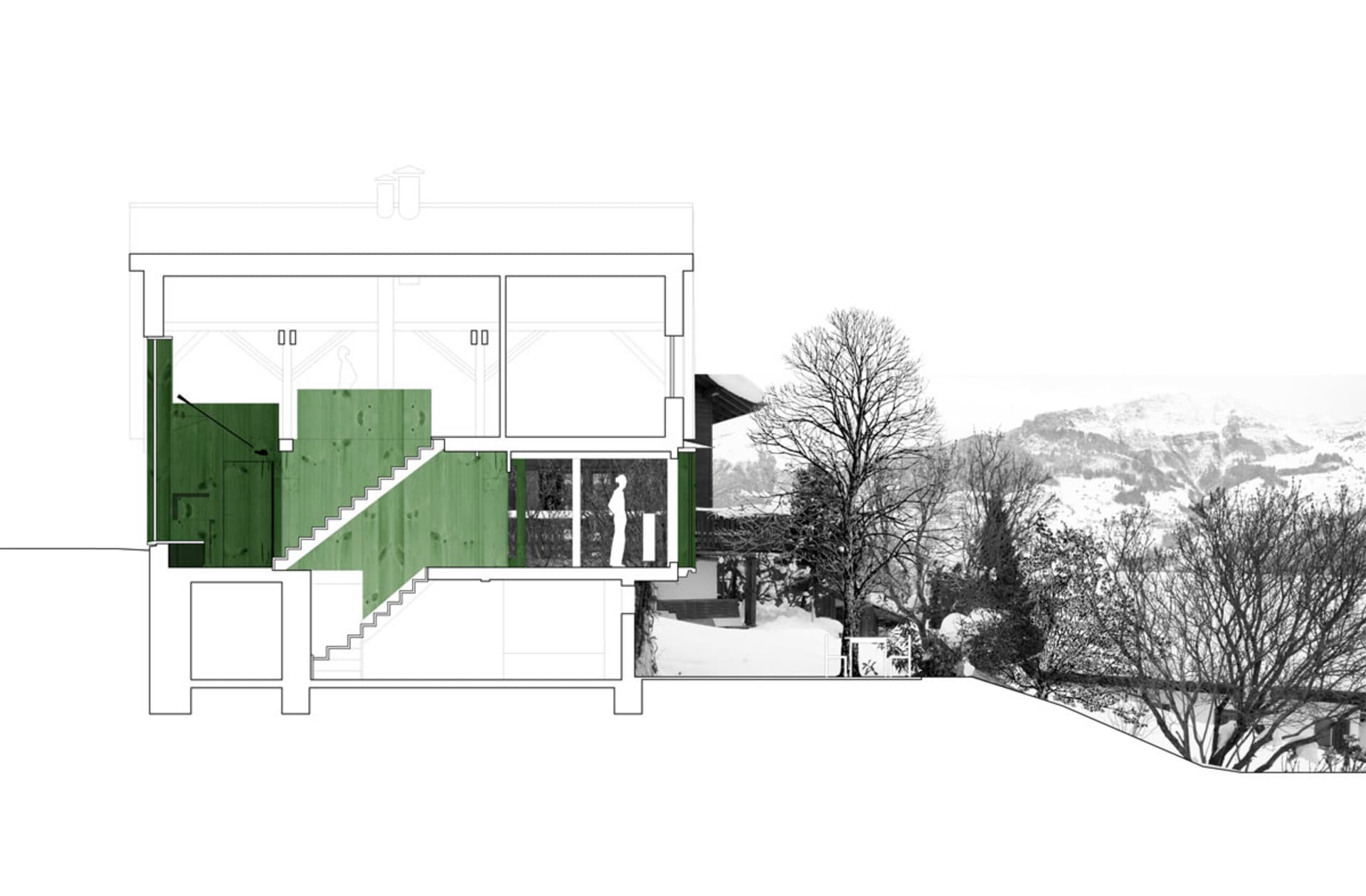 斜頂建築室內,木質牆面與地板。
