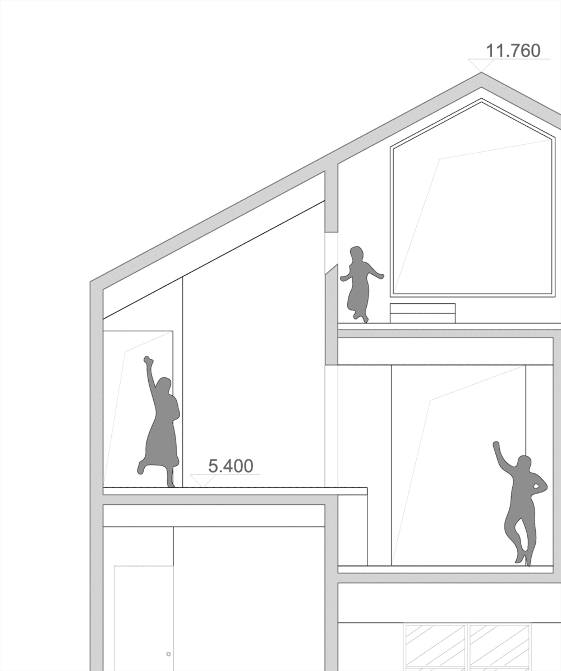 簡約的現代住宅室內建築剖面圖,強調木質框架與玻璃窗。