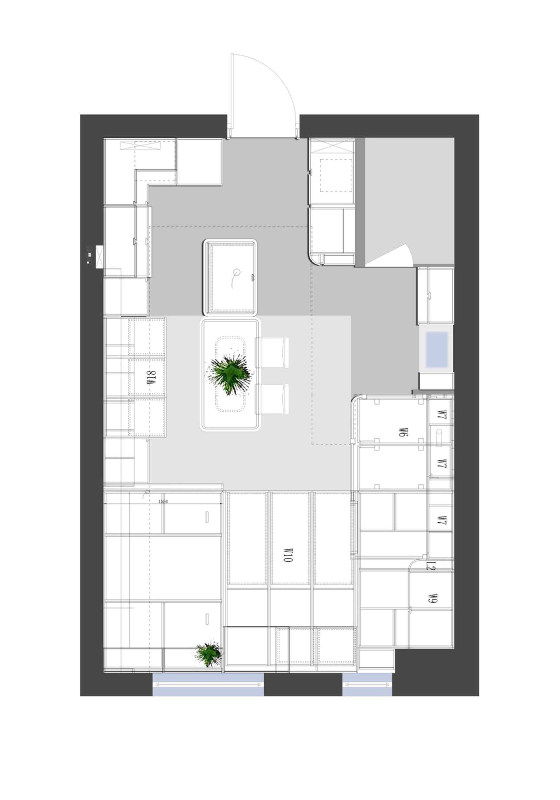 公寓平面圖的詳細2D建築繪圖,展示房間與家具的配置。