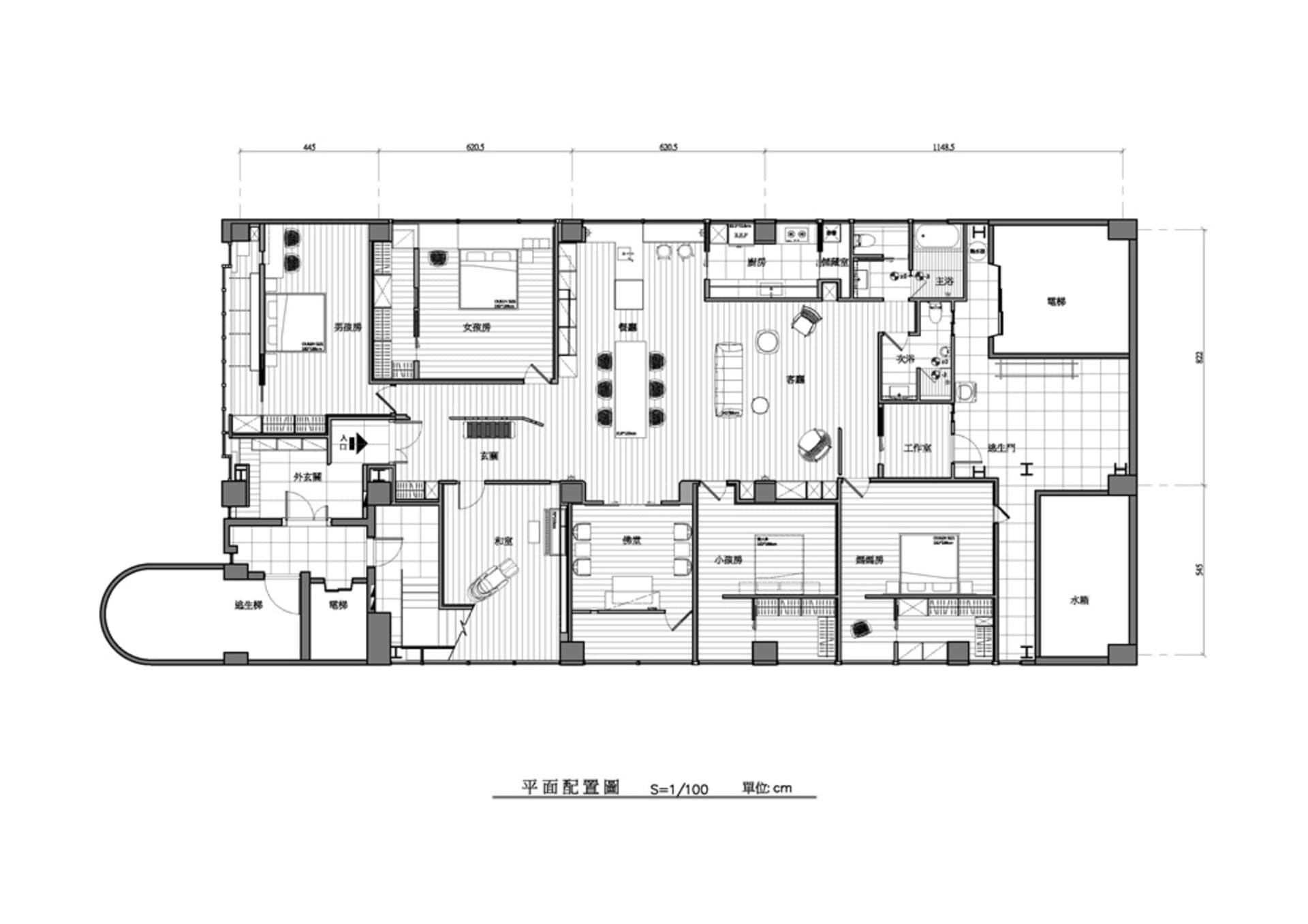 Modern residential floor plan with wooden finishes and a central living area.