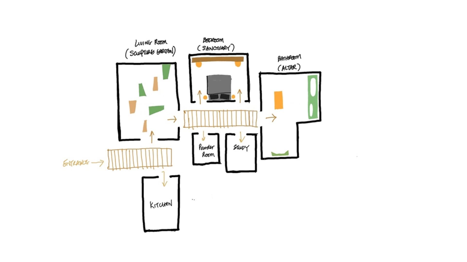 Floor plan of a modern residential interior with living room, bedroom, bathroom, kitchen, powder room, and study.