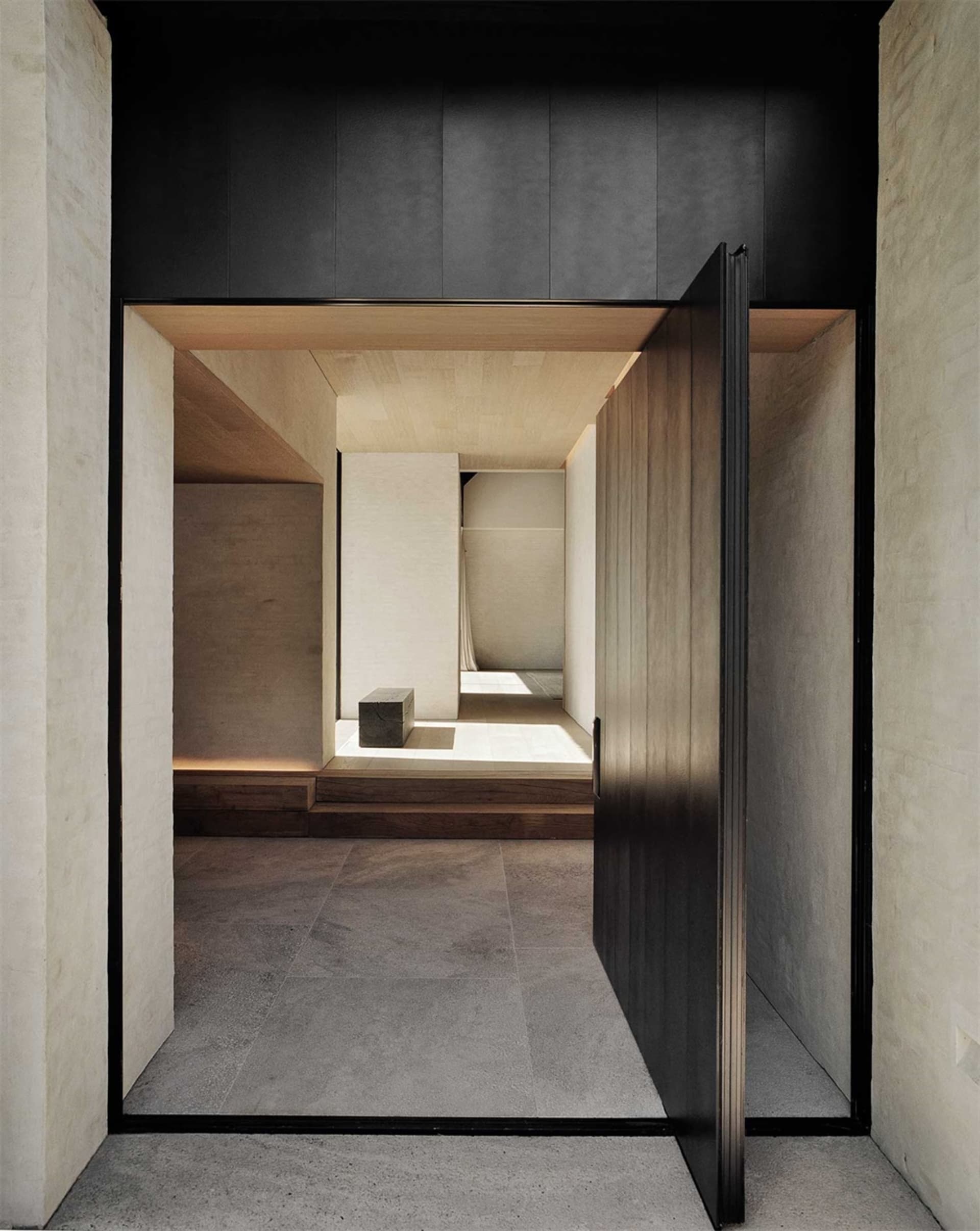 Modern entrance with concrete flooring and wooden door.